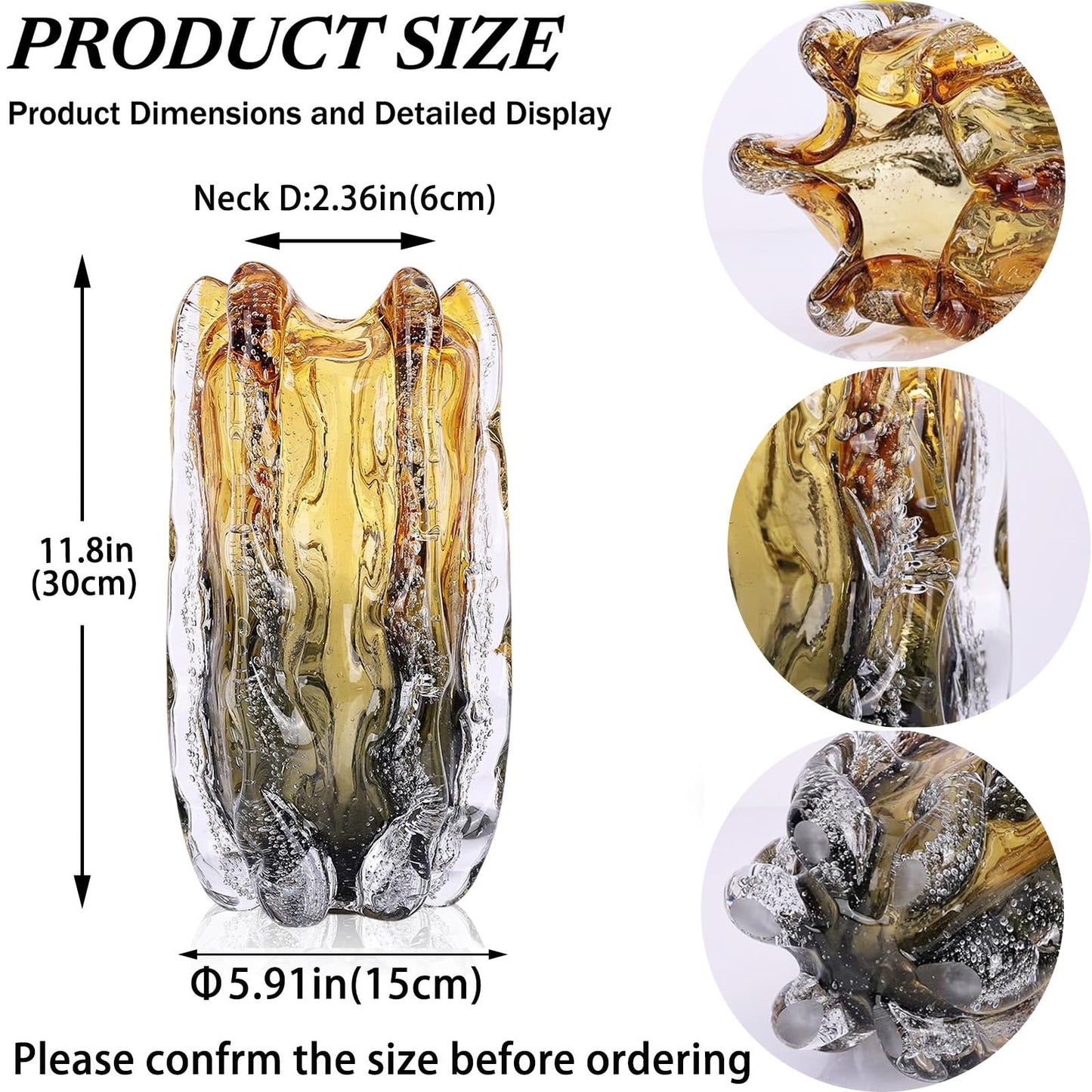 Blown Glass Bubble with Ruffled Edge Vase, Art Glass for Home Decor, Tall Vases for Centerpieces & Flowers, Crystal-Like for Bouquets & Pampas Grass, Vases Amber, Flower Bouquet Display (Yellow, L)