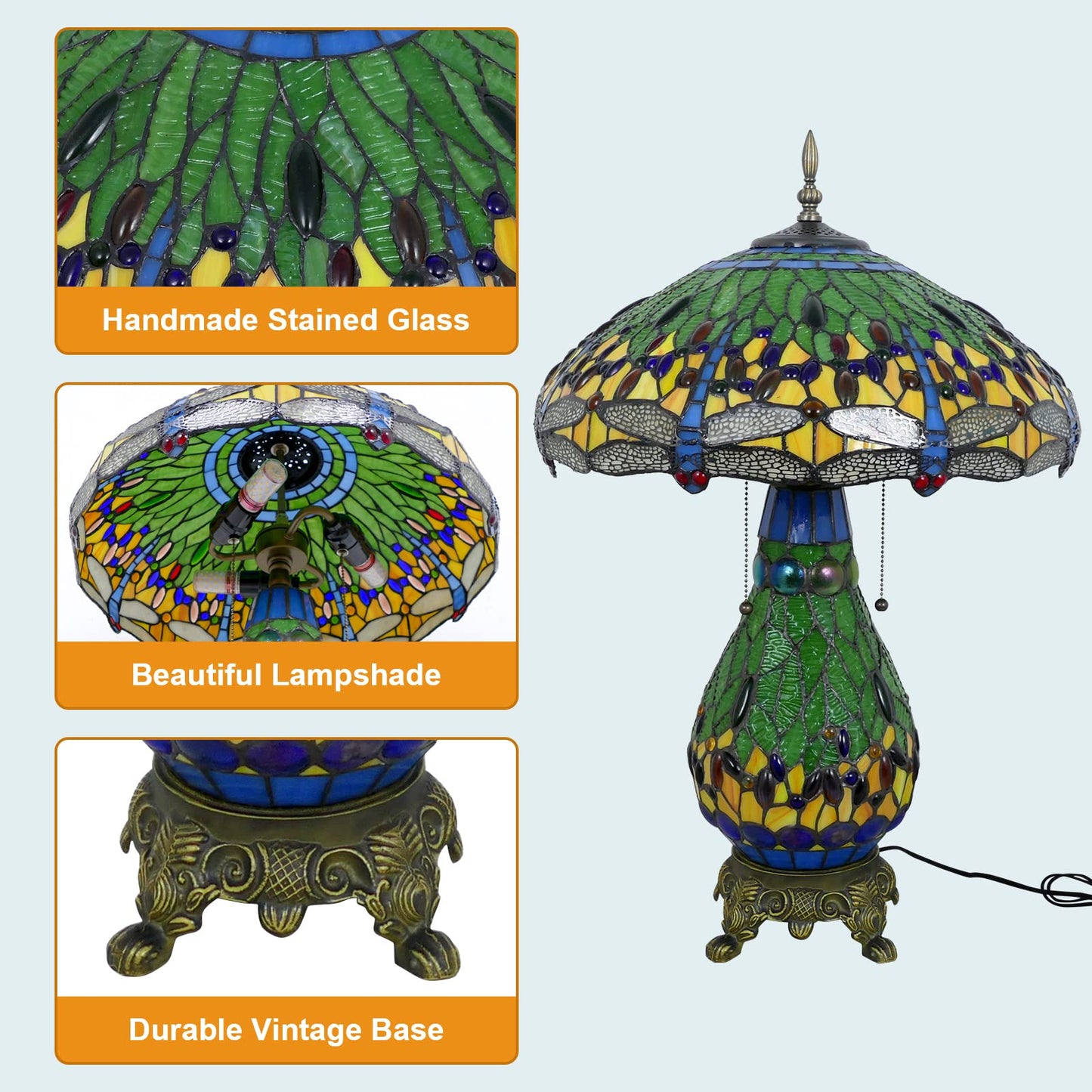 VirtueKing Tiffany Style Table Lamp Green Dragonfly Tiffany Lamp Handmade Stained Glass Lamp 18x18x27 Inches Desk Reading Light for Bedroom Living Room Home Office Decoration, LED Bulb Included