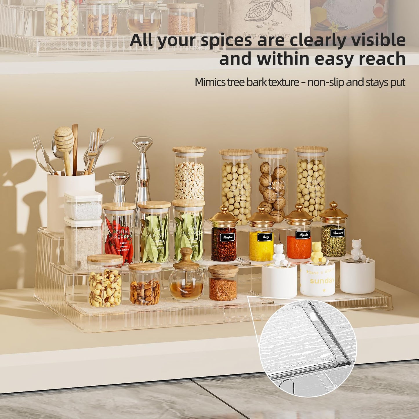 MSHOMELY 3-Tier Expandable Clear Spice Rack Organizer 2 Pack Adjustable Tiered Seasoning Shelf with Non-Slip Textured Surface, Multi-Purpose Cabinet Organizer for Kitchen Pantry Countertop Vanity