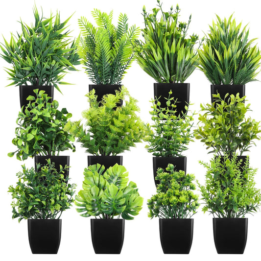 12 Pack Fake Plants in Black Pots, Mini Artificial Eucalyptus Potted Plants, Small Realistic Faux Greenery Fern Plants for Living Room, Bathroom, Office Table Decor