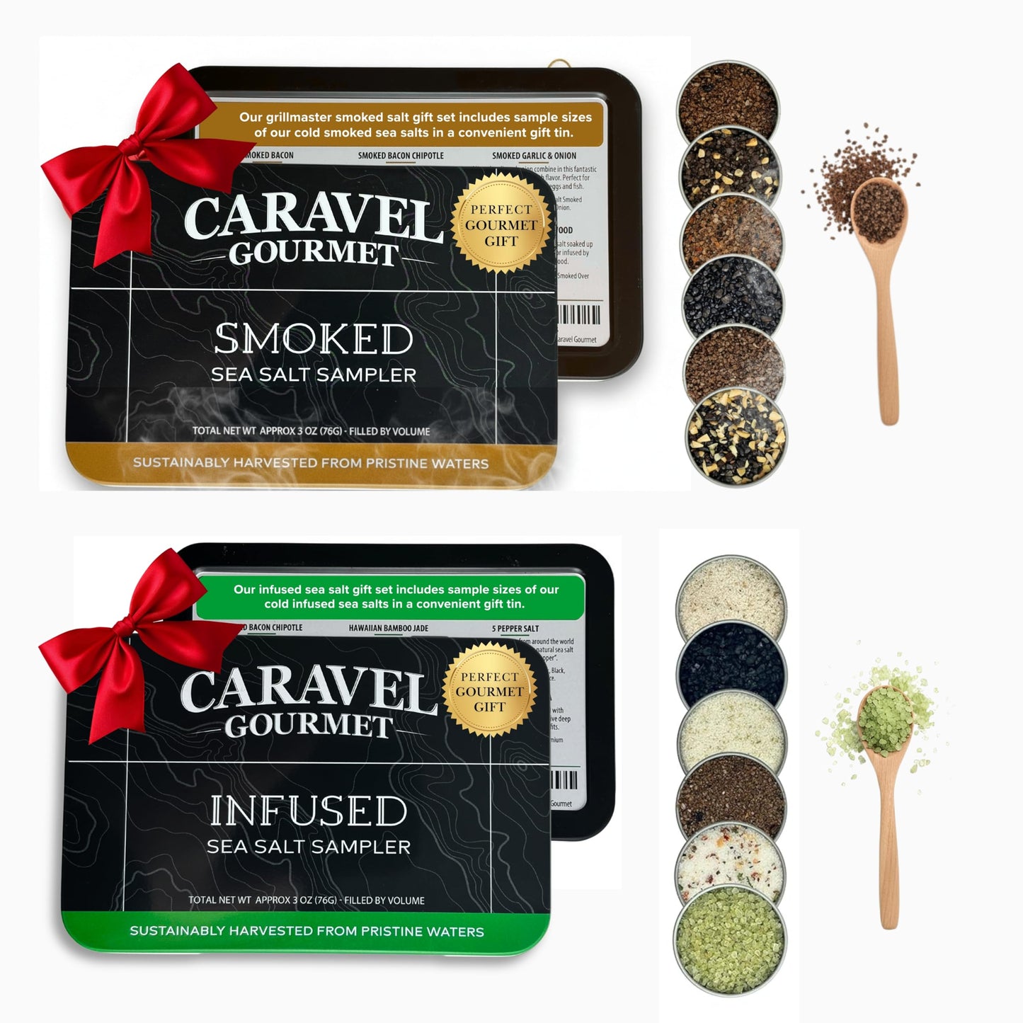 Sea Salt Gift Set - Infused & Smoked Salt Sampler Collections - 12 Flavors with Reusable Tins - Great Gifts for Everyone - by Caravel Gourmet