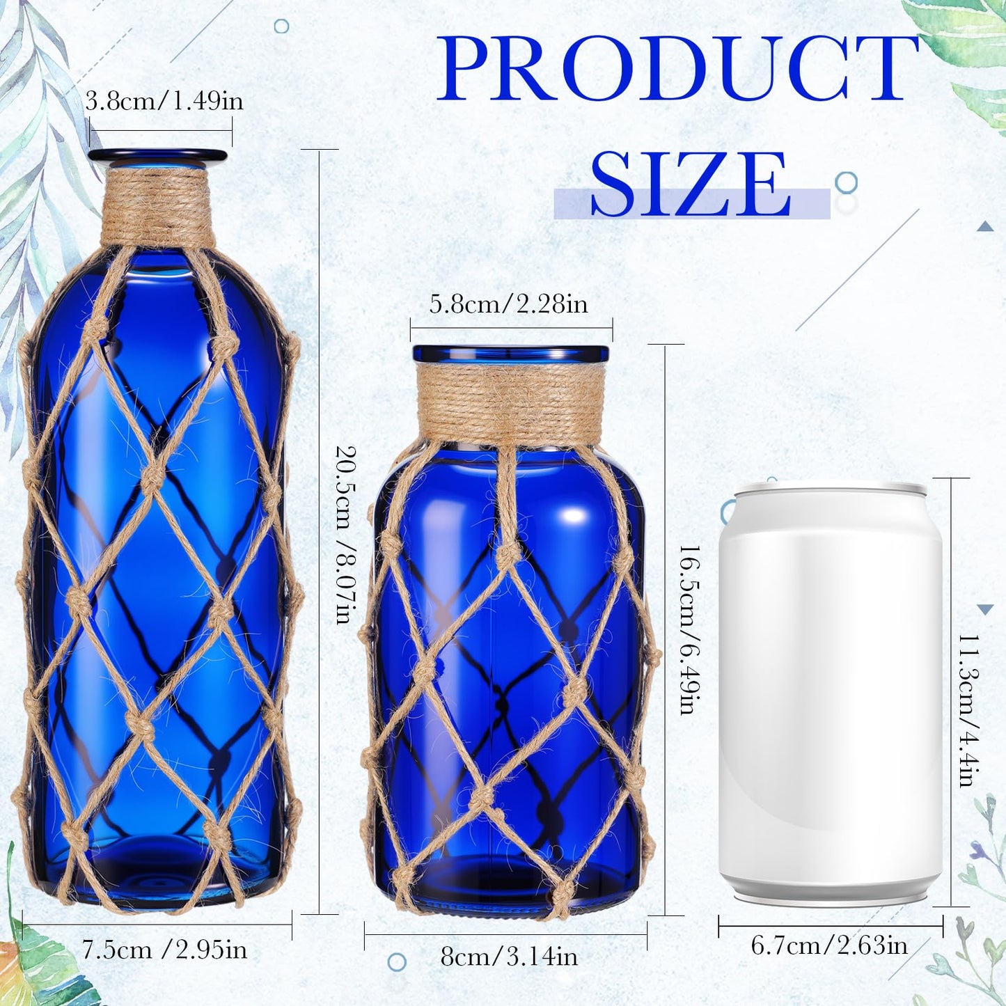 Chuangdi Set of 2 Coastal Glass Vases for Flowers TSITP Flower Vase with Boho Rope Small Sea Glass Jar Nautical Beach Bottle for Wedding Table Centerpieces Floral Arrangement Decor(Deep Sea Blue)