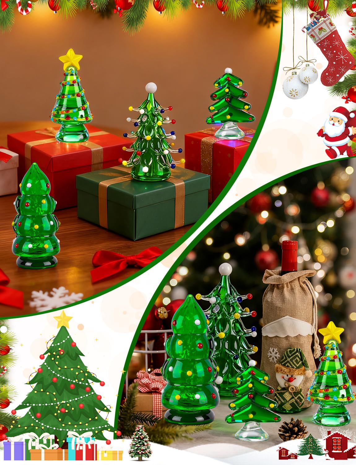 ALDMIO 4Pcs Blown Glass Christmas Tree Decor, Mini Christmas Tree Figurines Art Decorations for Home Festival Xmas Decoration