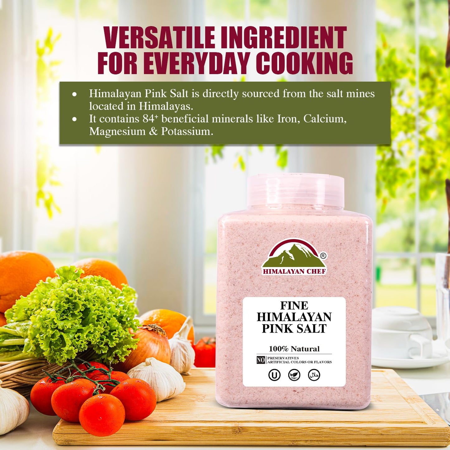 Himalayan Chef Himalayan Pink Salt - 5 lbs Fine Grain Plastic Jar - 100% Natural and Pure Gourmet Crystal - Contains 84 Essential Minerals | Kosher and Vegan Certified