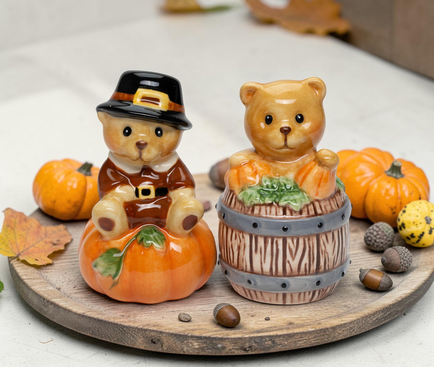 Fine Ceramic Thanksgiving Pilgrim Bears with Pumpkins Salt & Pepper Shakers Set, 3-1/8" H