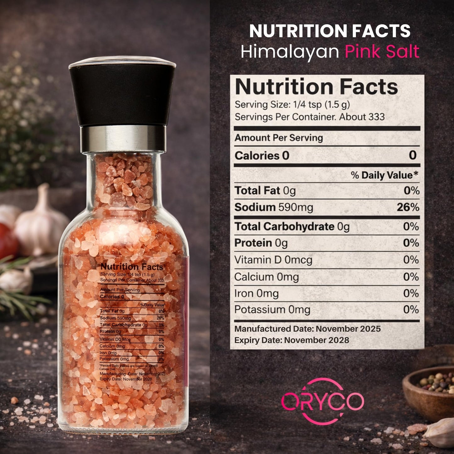 Oryco Himalayan Pink Salt Glass Grinder (17.64 oz) 500g – Refillable Coarse Pink Salt with Grinder, 100% Natural, Kosher, Non-GMO, Fresh Ground Salt for Cooking, BBQ & Kitchen Use