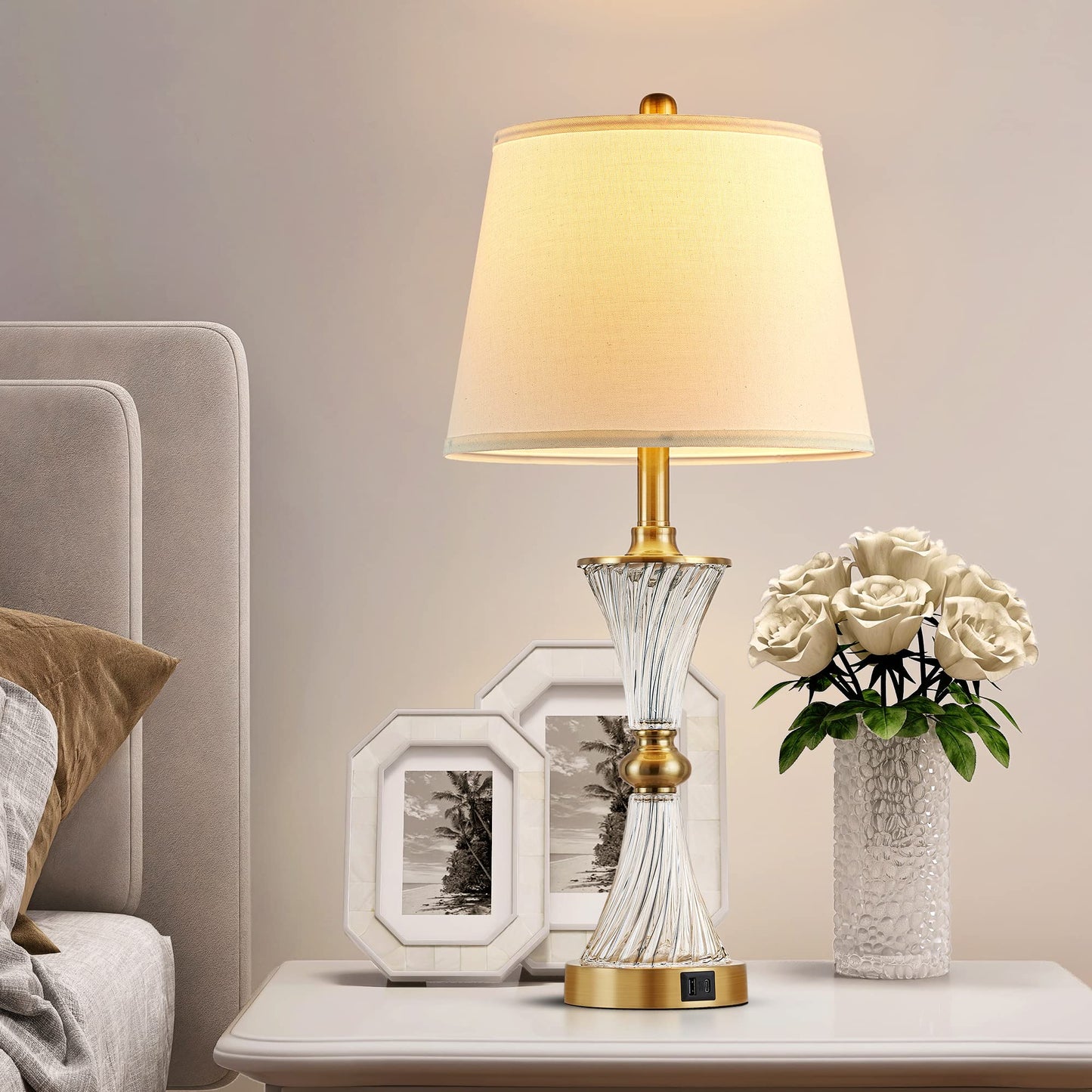 BZZMMB 27" Bedroom Lamps Set of 2, Gold Glass Touch Lamps with USB C+A Ports, 3-Way Dimmable Light Fixture for Nightstand, Modern Table Side Lighting for Living Room, 2 Bulbs Included