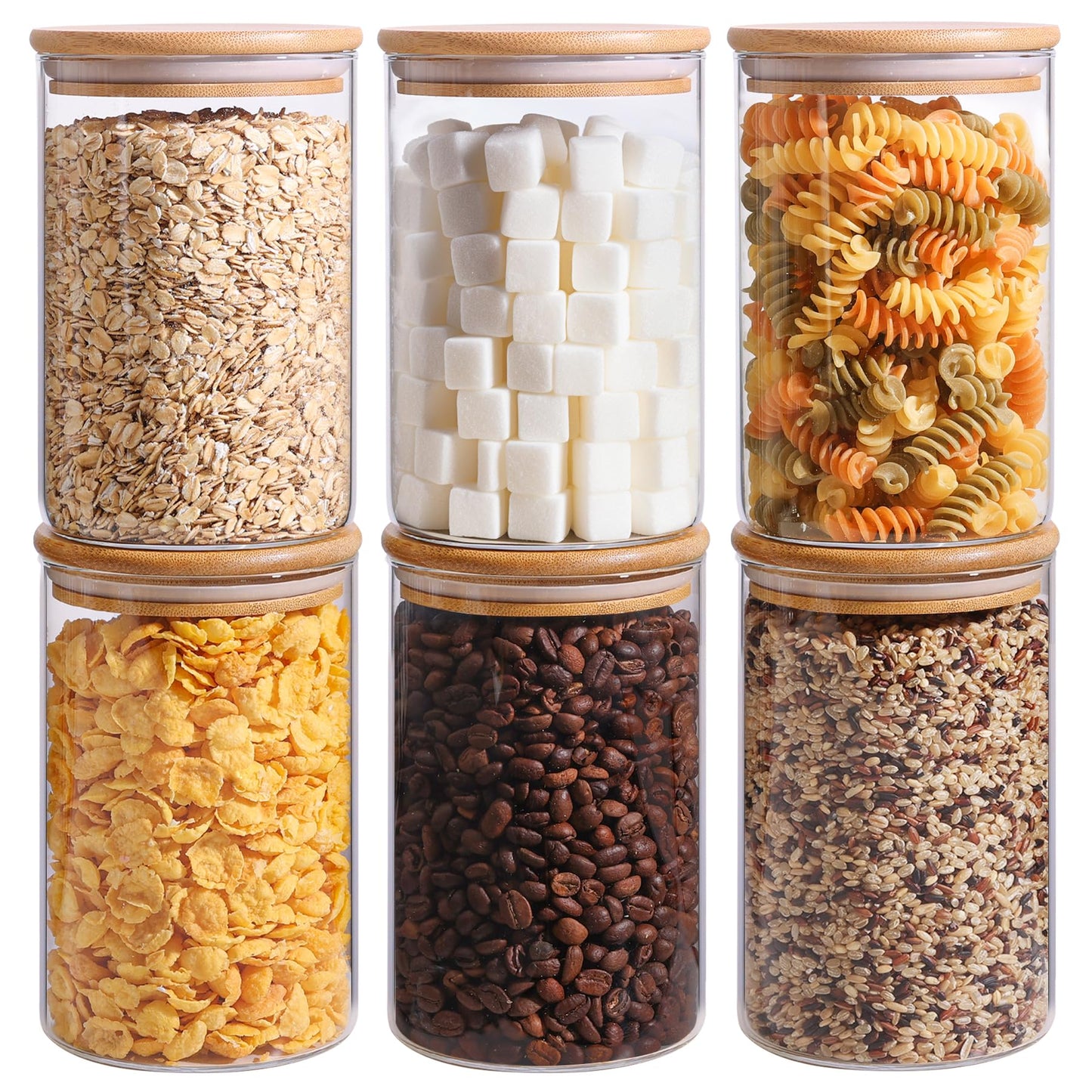 ComSaf 1 Qt Glass Storage Containers with Lids, Glass Jars with Lids, Clear Food Storage Jar, Round Canister Set of 6, Pantry Organizers for Cookie Pasta Flour Rice Tea Coffee Bean