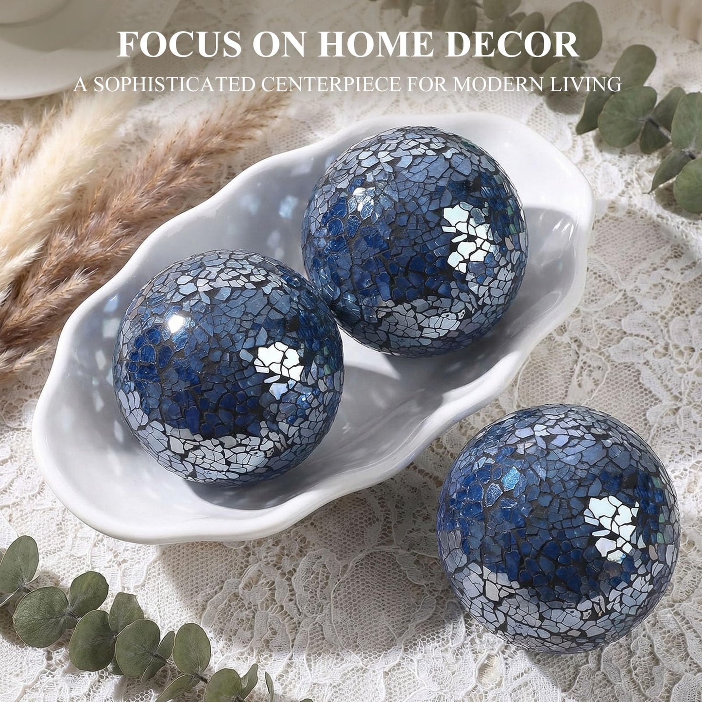 DomeStar 3PCS Decorative Balls, Mosaic Glass Orbs Centerpiece Balls 4inch Dark Blue Orbs for Decorate Bowls Vases Tables Wedding Party