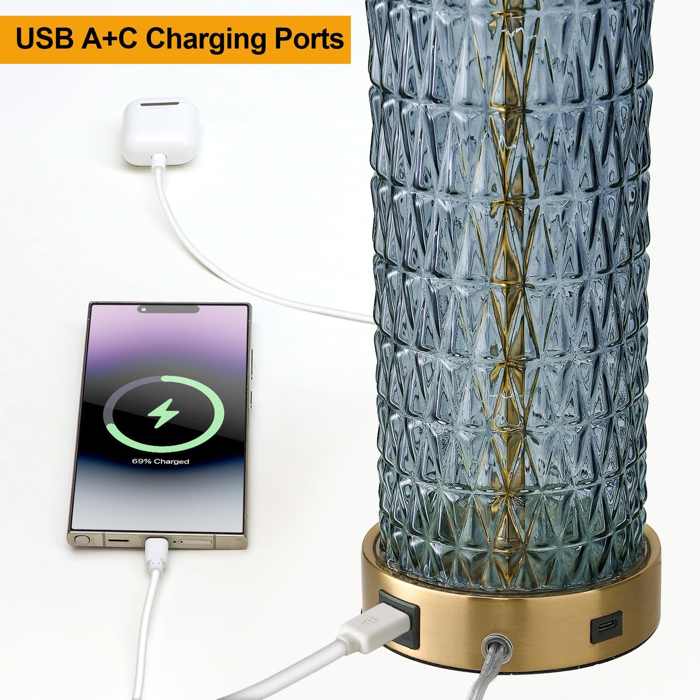 Oneach 27.75” Table Lamps Set of 2, Blue Modern Bedside Lamp with LED Night Light, USB A+C, Glass Lamps for Living Room, Bedroom, Nightstand, Office, End Table (2 Bulbs Included)