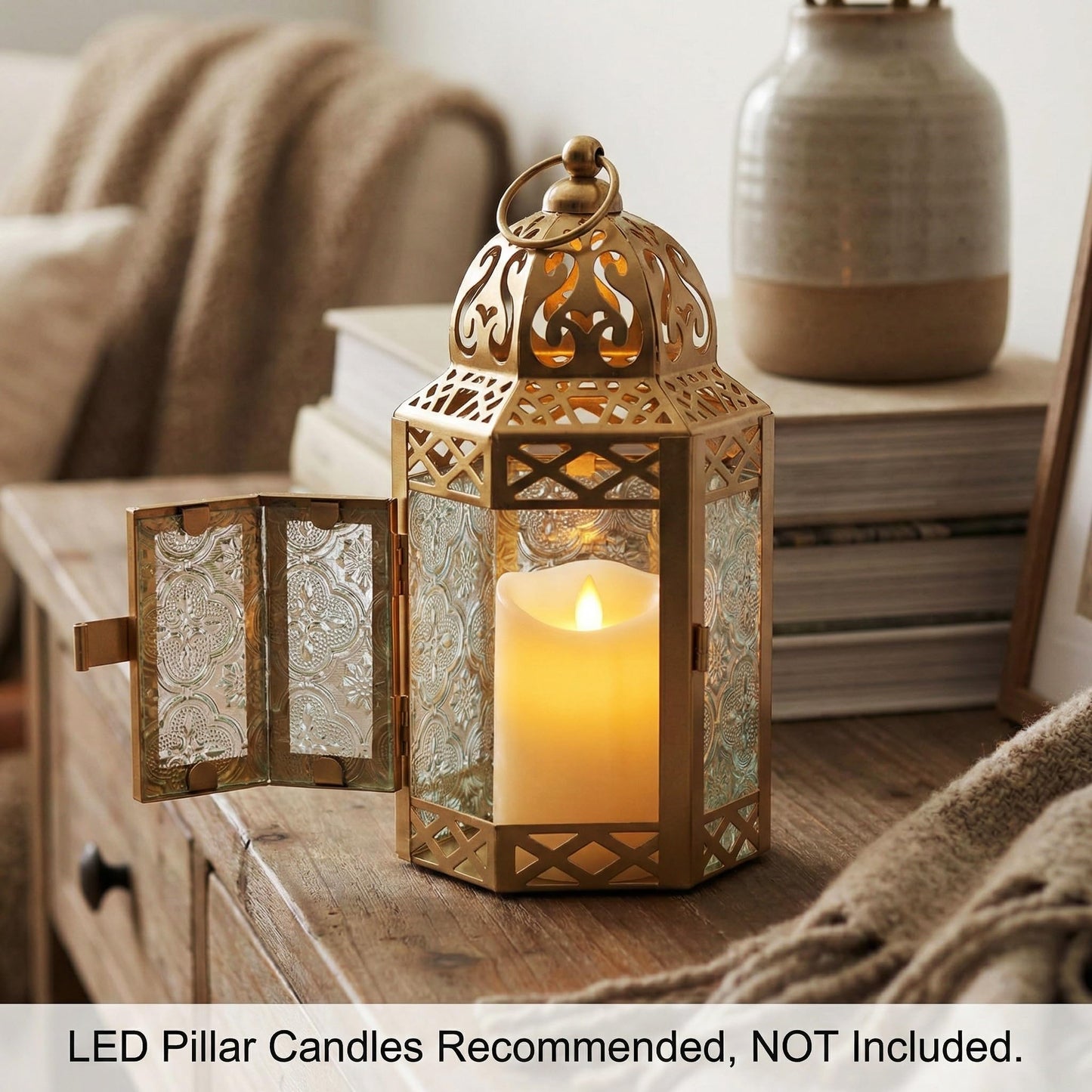 VELA LANTERNS 8.5" Small Gold Metal Decorative Moroccan Lantern Candle Holder Lamp - Indoor/Outdoor, Home Decor, Patio, Weddings, Ramadan Decor