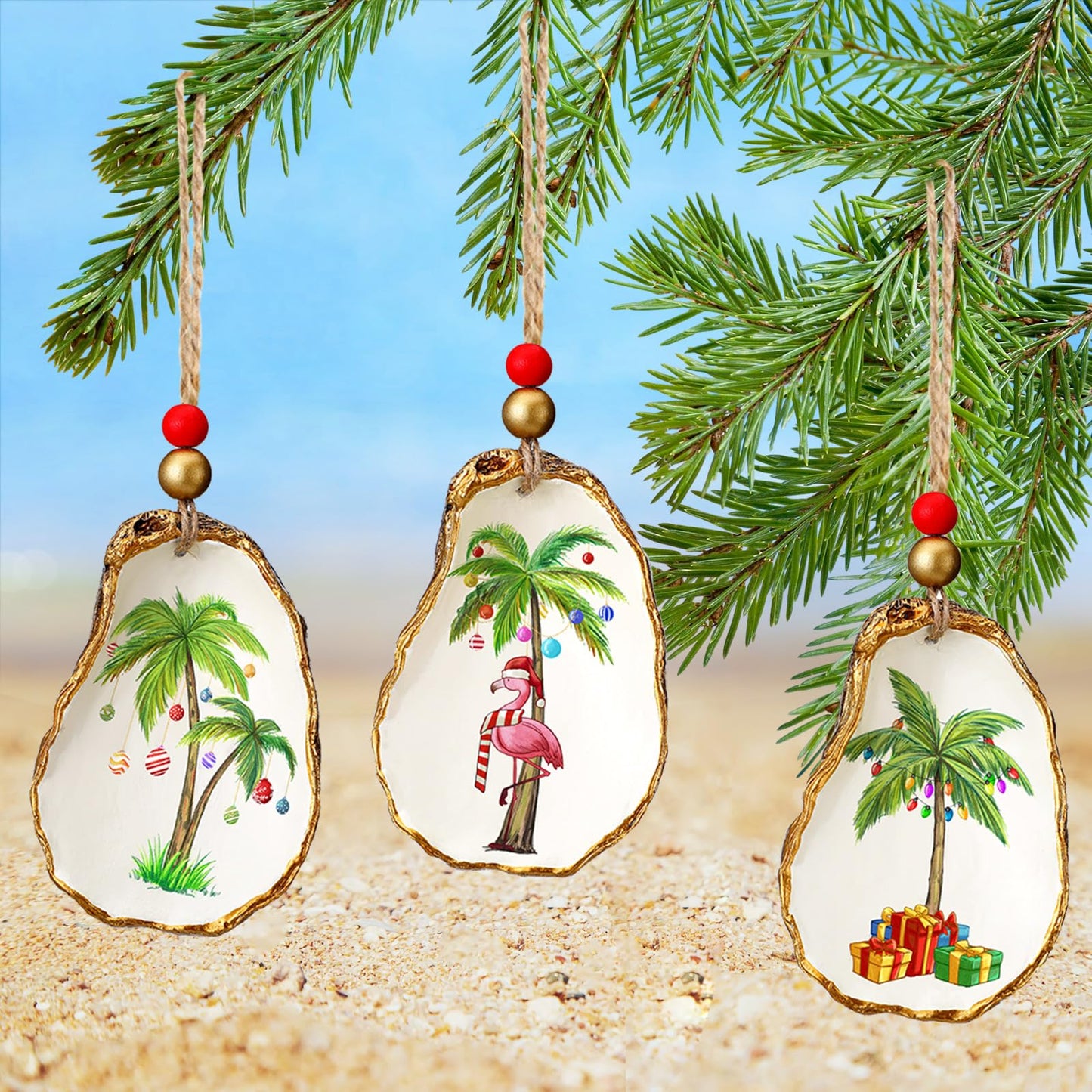 Bucherry 3 Pcs Christmas Oyster Shell Ornament Resin Decorated with Palm Tree Flamingo Seashell Christmas Nautical Coastal Tropical Beach Ornament for Xmas Tree Home Office Gift