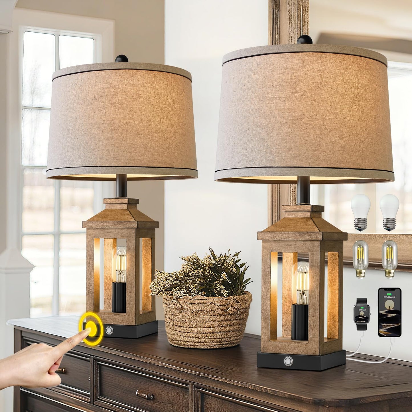 BOBOMOMO 23.75" Natural Wood Farmhouse Table Lamps Set of 2 – Retro Nightstand Lamps with 3 Way Dimmable Touch Control Night Light & USB A+C Ports, Rustic Lamps for Living Room, Bedroom, Entryway