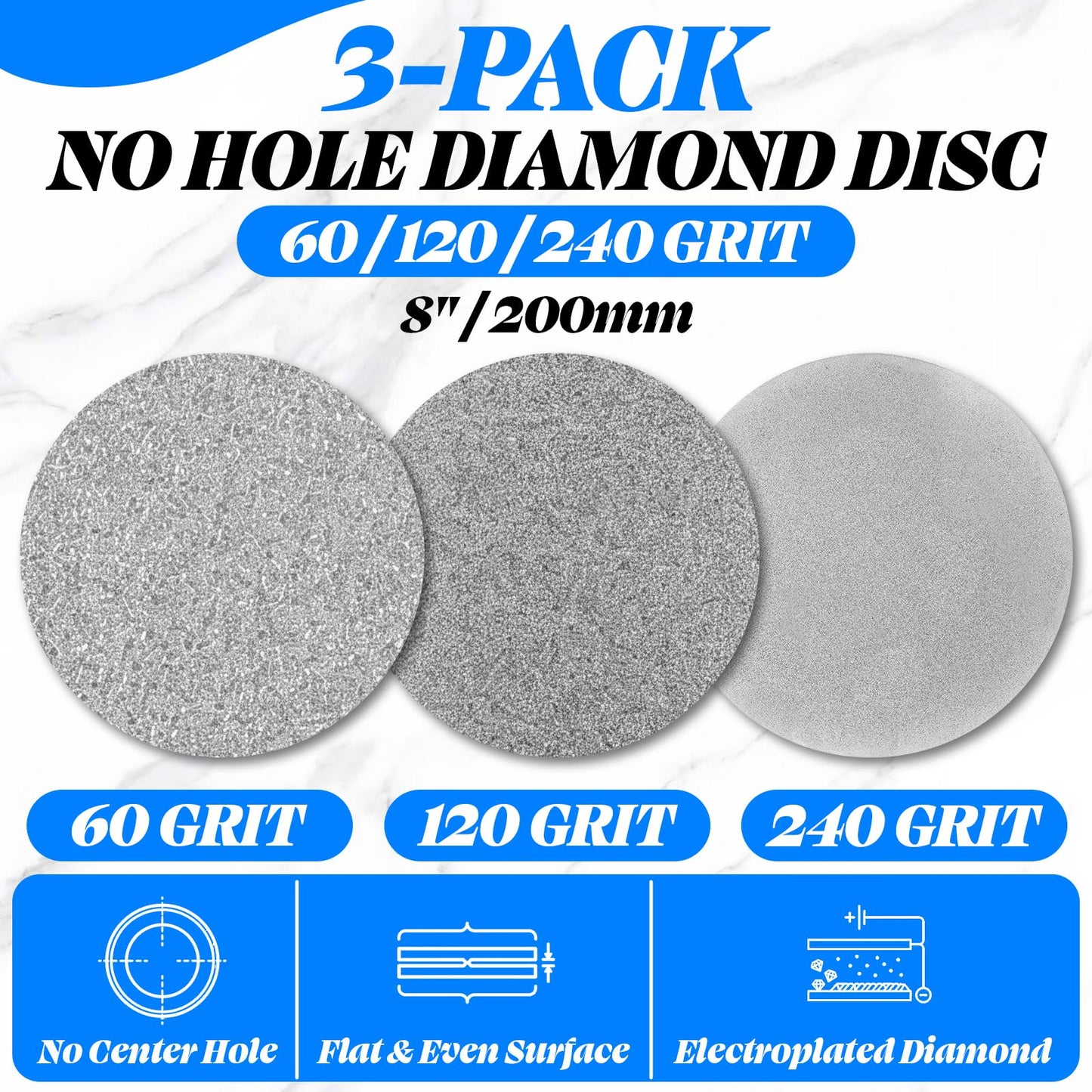 Lanties 3 Pcs Diamond Sanding Grinding Disc, 8''(200mm) Grit 60/120/240 No Center Hole Flat Lap Disk Polishing Discs Abrasive Wheel Electroplated Sanding Disc for Gemstone Glass Tile Porcelain Metal