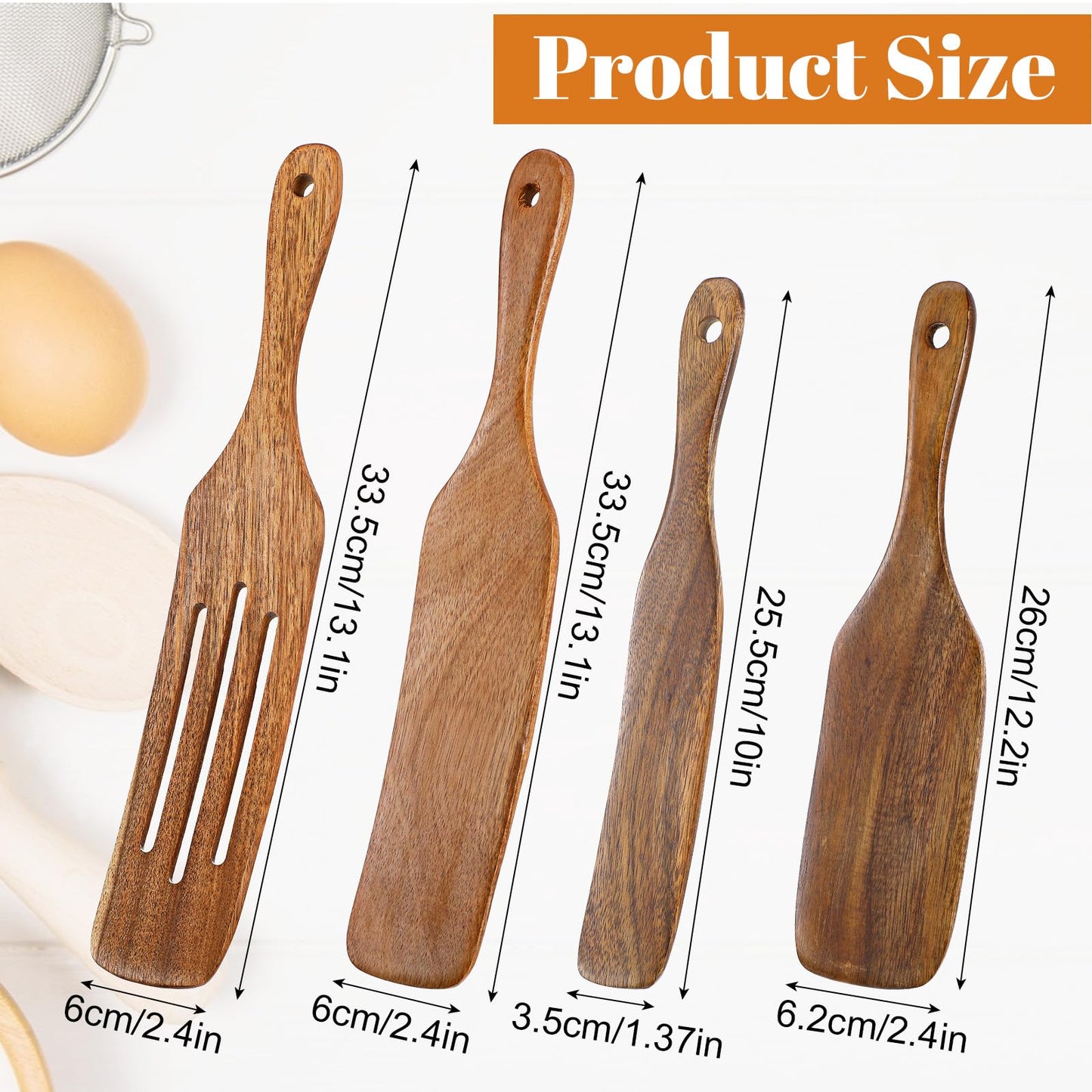 cobee 4PCS Wooden Spurtle Set, Teak Wood Spatula, Multipurpose Cooking Utensils for Non-Stick Cookware, Stirring, Scooping, Smashing, Serving