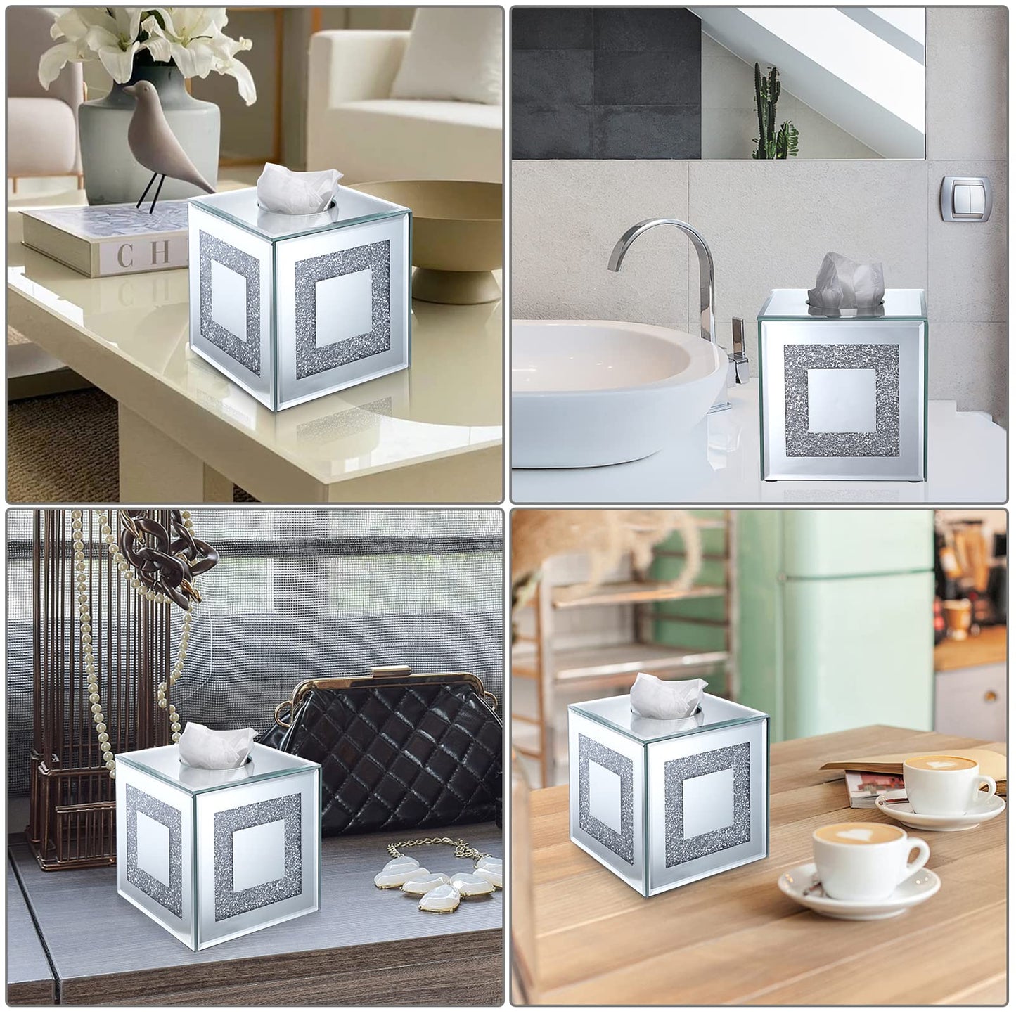 Sumnacon Crystal Square Tissue Box Cover - Sparkly Glass Cube Tissue Box Holder, Decorative Facial Tissue Holder for Bathroom Vanity Dresser Night Stand Table Countertop Office Home Decor, Silver
