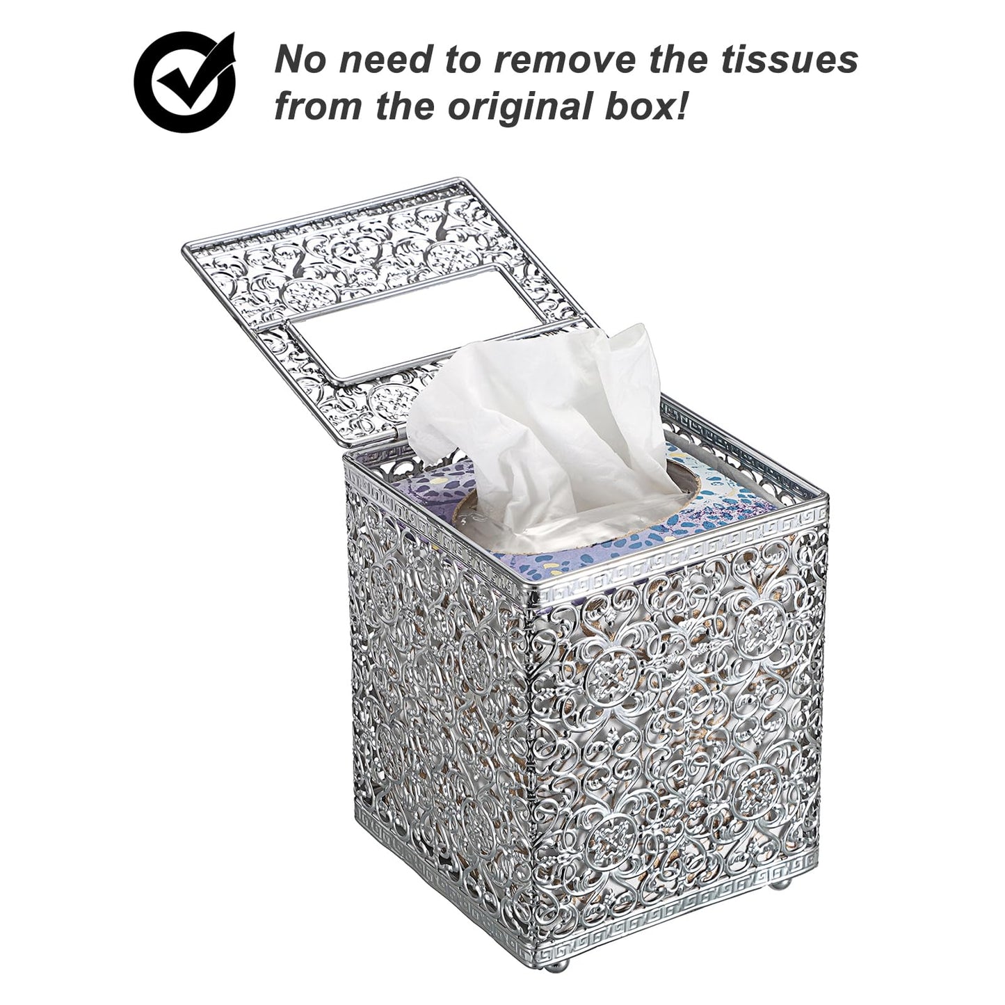 Sumnacon Tissue Box Cover Square Tissue Box with Lid, Metal Tissue Box Holder Stylish Tissue Cover Cube Tissue Box Cover for Bathroom Toilet Kitchen Table Desk Home Office, Silver