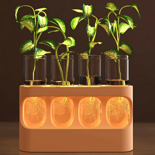 Hokkieam Plant Propagation Station with LED Light, 10-Level Dimmable Desk Plant Stand for Hydroponic Plants, 4 Glass Test Tubes Propagated Plant Holders for Indoor Home Decor Gardening Gifts