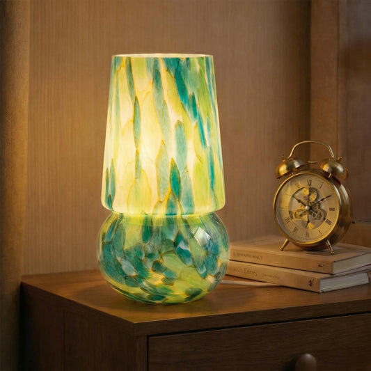 Keazile 9.8 Inch Mushroom Table Lamp, UL Listed Dimmable Small Desk Bedside Lamp with Woven Beige Cord, Handcrafted Pattern, Murano Home Decor for Bedroom, Living Room, Emerald Teal, No Bulb Included