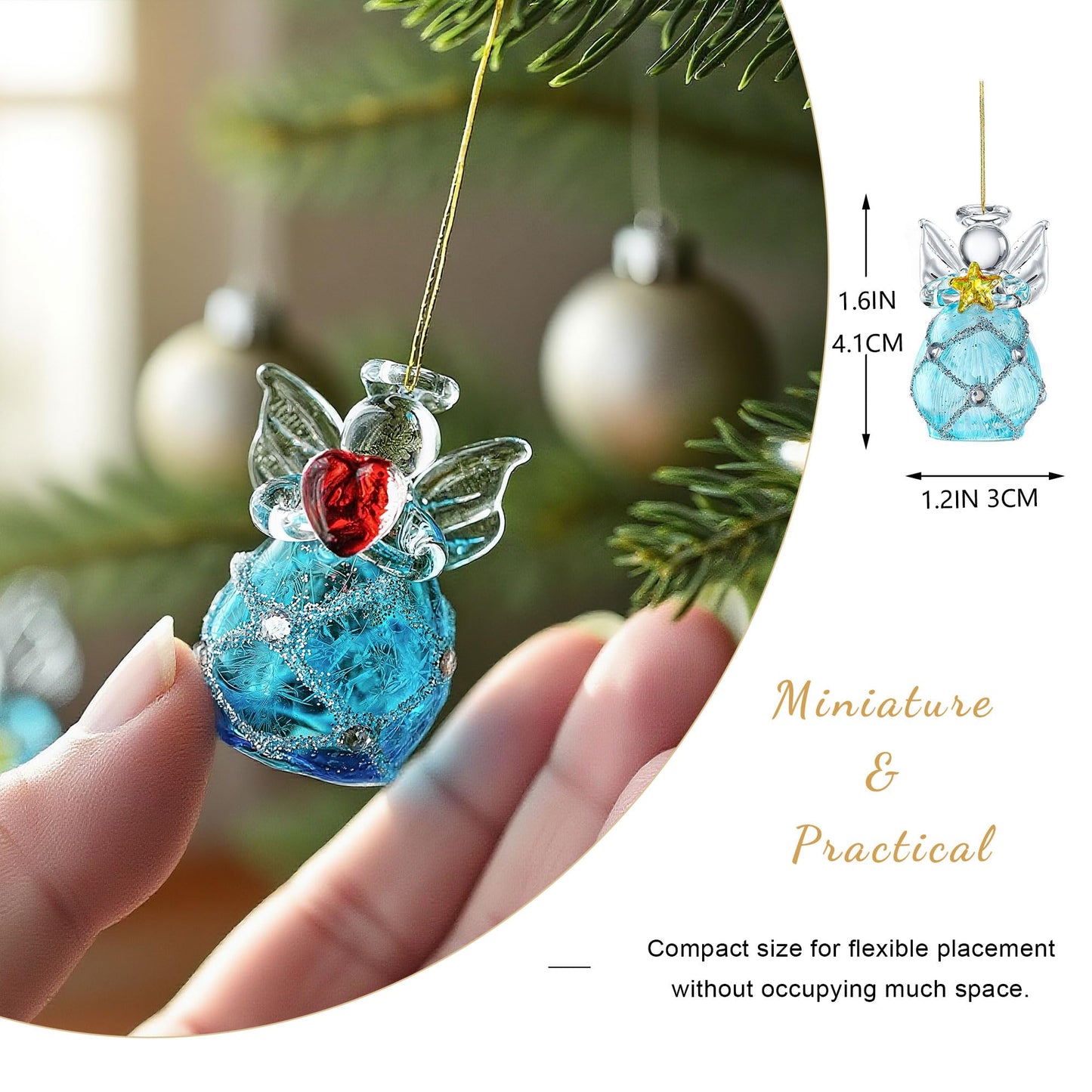 Mini Glass Angel Christmas Ornaments for Tree, Set of 12 1.6" Small Crystal Guardian Angel Ornament Bulk for Christmas Tree, 2025 Hand Blown Spun Glass Home Decor Xmas Gift (Blue)