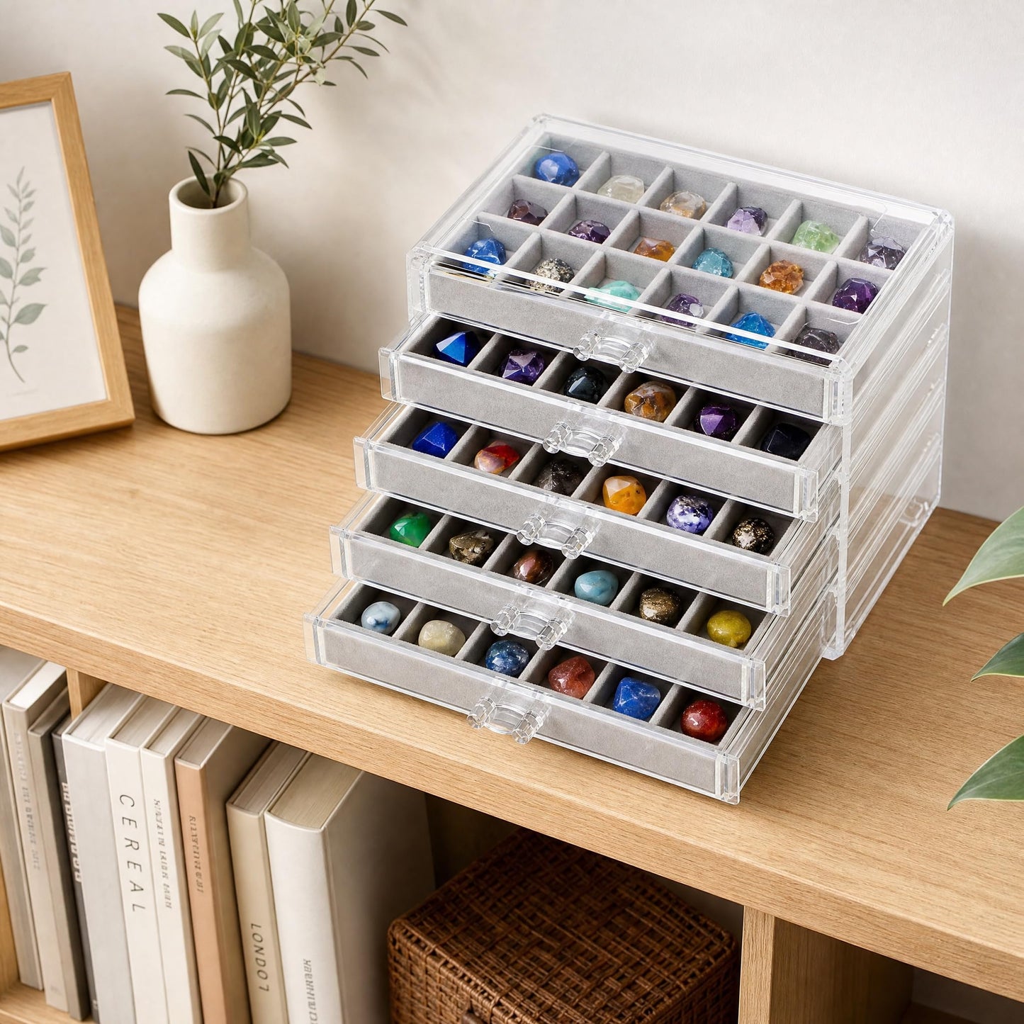 Jucoan Clear Acrylic Rock Display Case, 5 Layer 90 Grids Rock Collection Case with Adjustable Velvet Insert, Mineral Gemstone Storage Organizer Box for Kids Crystals, Rocks Collection