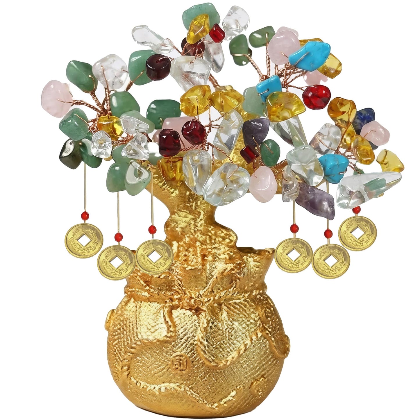 LinkWheres 7 Chakra Crystal Money Tree - Tree of Life Feng Shui Wealth Decor - Golden Money Bag Bonsai - Multi Gemstone Lucky Statue for Home Office (5.5 Inch)