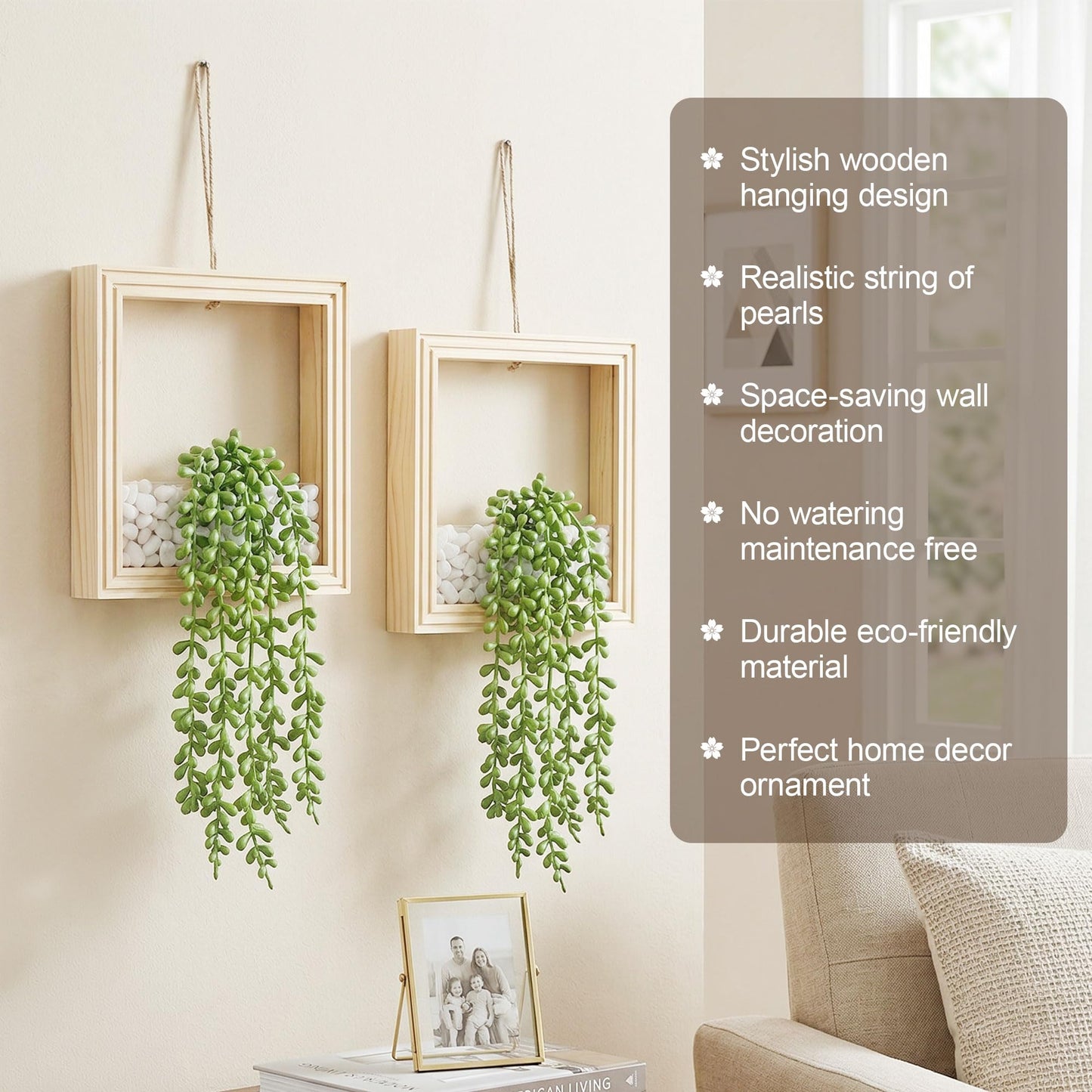 2 Pack Fake Plants Hanging, Artificial Succulents Plants in Square Wooden Frame with Glow Accents, Boho Wall Decor for Office Living Room Bathroom Bedroom Kitchen Indoor Outdoor, Natural Wood