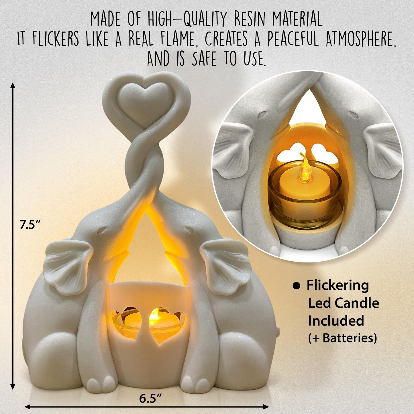OakiWay Elephant Gifts for Women - Love Candle Holder Statue with Flickering LED for Couple - Ivory 14th Wedding for Her - Elephant Home Deco'r Valentine's Present