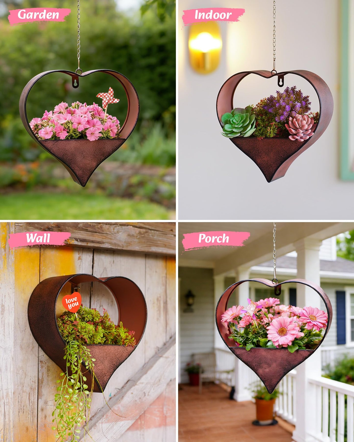 Philodwell Metal Plant Hangers Indoor and Outdoor:Birthday Gifts for Mom Women Her Wife Garden Lovers - Heart Shape Hanging Planters for Window Wall Living Room Office Decor(Rustic)