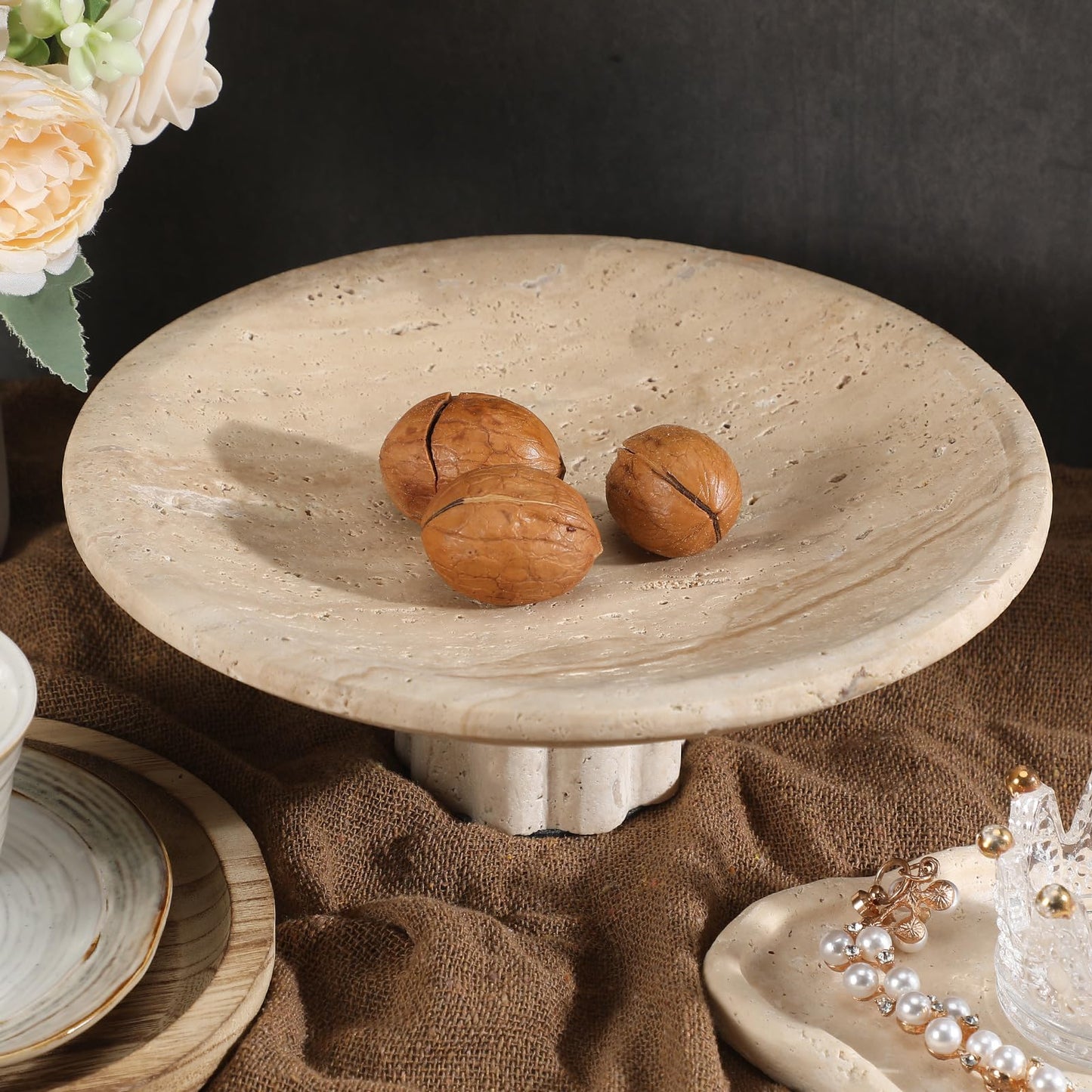 Honeydak Travertine Fruit Bowl for Kitchen Counter Large 10" Decorative Fruit Bowl Key Basket for Entryway Table and Modern Home Decoration, Kitchen Storage