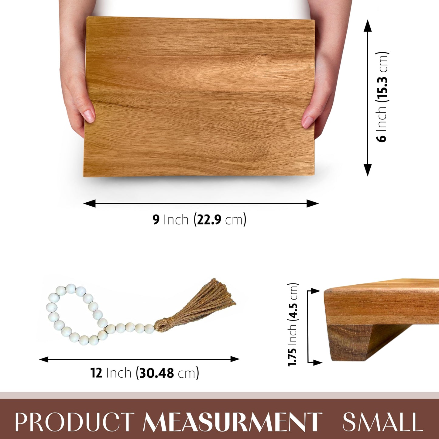 Lyfe Simple Natural Acacia Wood Pedestal Stand | Wood Riser with Decorative Beads | Kitchen Counter Decor | Soap Tray for Kitchen Sink | Bathroom Tray | Tabletop Wooden Stand (9 x 6 x 1.75 Inch)