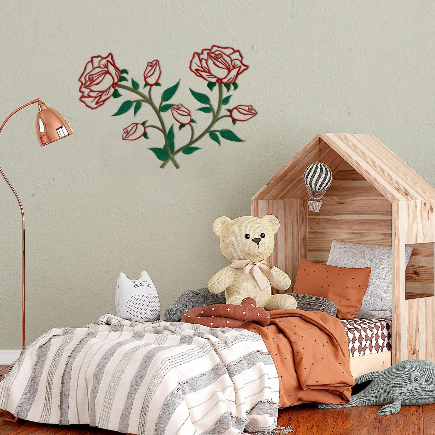 ESTART 2 Pcs Metal Rose Tree Leaf Wall Decor, 15“H Metal Cute Floral Wall Art, Rustic Hanging Sign Flowers Sculpture for Home Living Room Hallway Bedroom Bathroom (2 Pieces-Red Green)