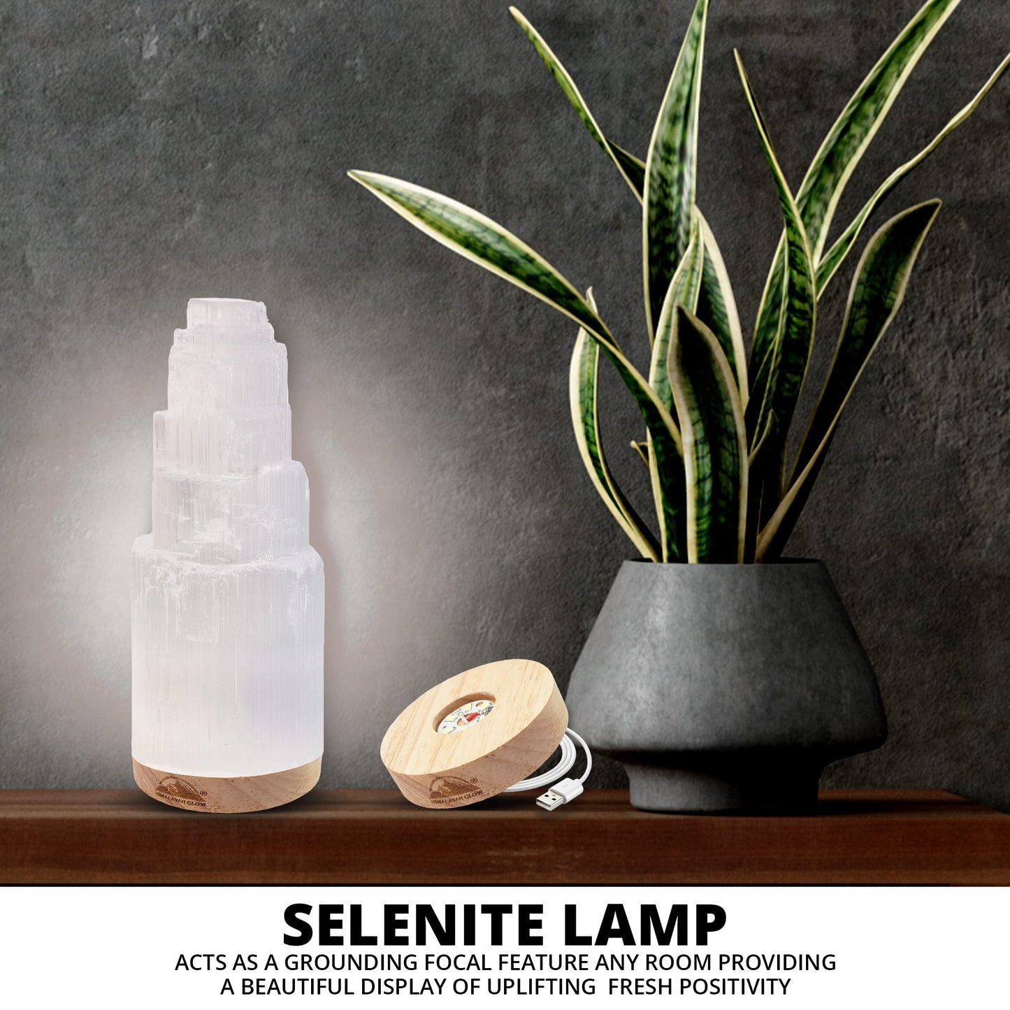 Himalayan Glow Crystal Lamp Authentic Handmade Moroccan Selenite with Wooden Base & USB Cable (ETL Certified), Ideal Gift Choice, 20cm, White