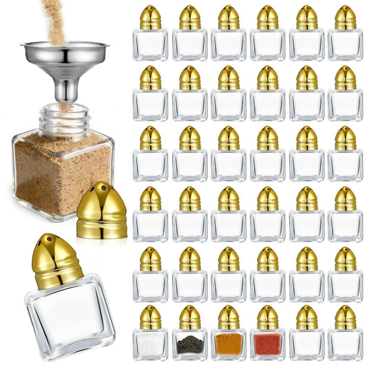 Nyuemystery 72/120 Pack Mini Salt and Pepper Shakers, 0.5 oz Clear Glass Cube Seasoning Jars with Gold Stainless Steel Lids, Small Spice Shakers Bulk for Wedding Party Restaurant Kitchen (120 Pack)