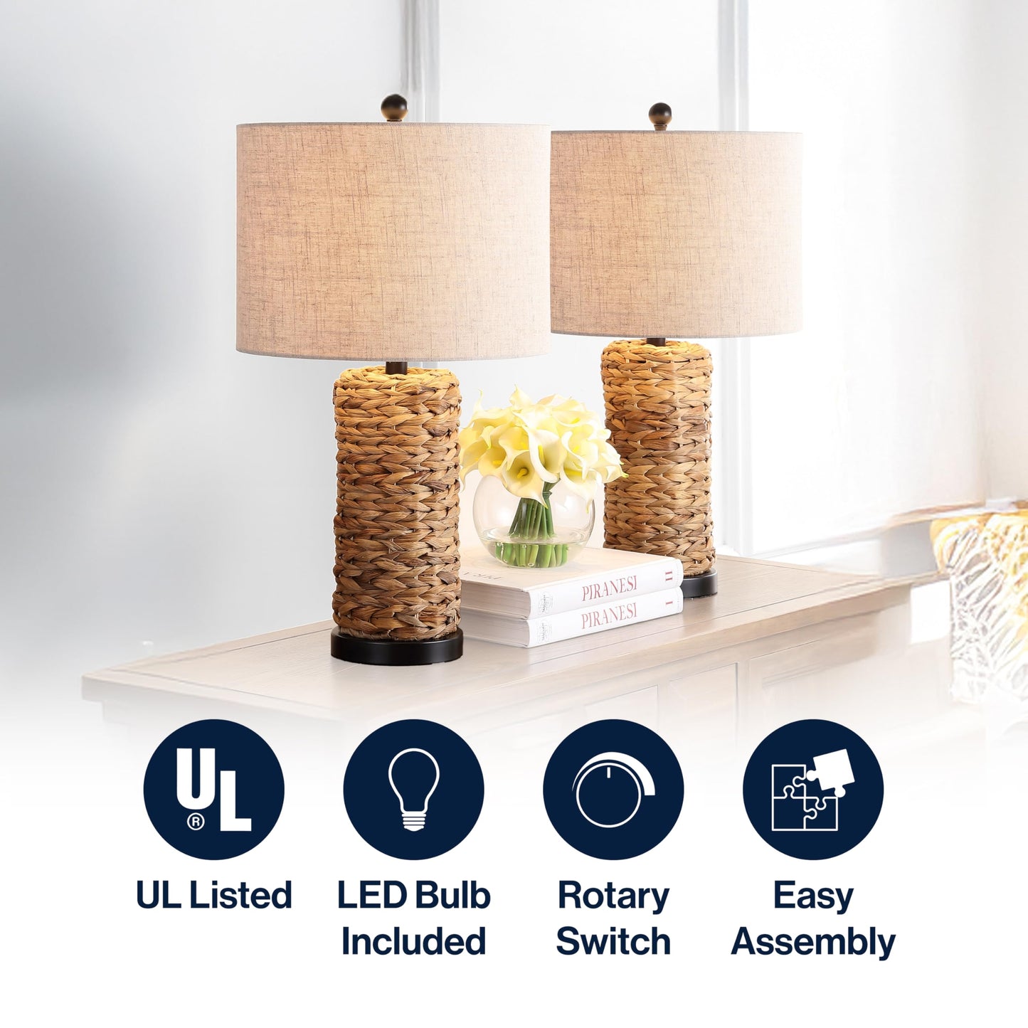 JONATHAN Y 25" Natural Coastal Water Hyacinth Table Lamp Set of 2, Bedside Lamp with Light Grey Linen Shade, Boho Farmhouse Decor for Living Room Nightstand, LED Bulbs JYL6502A-SET2