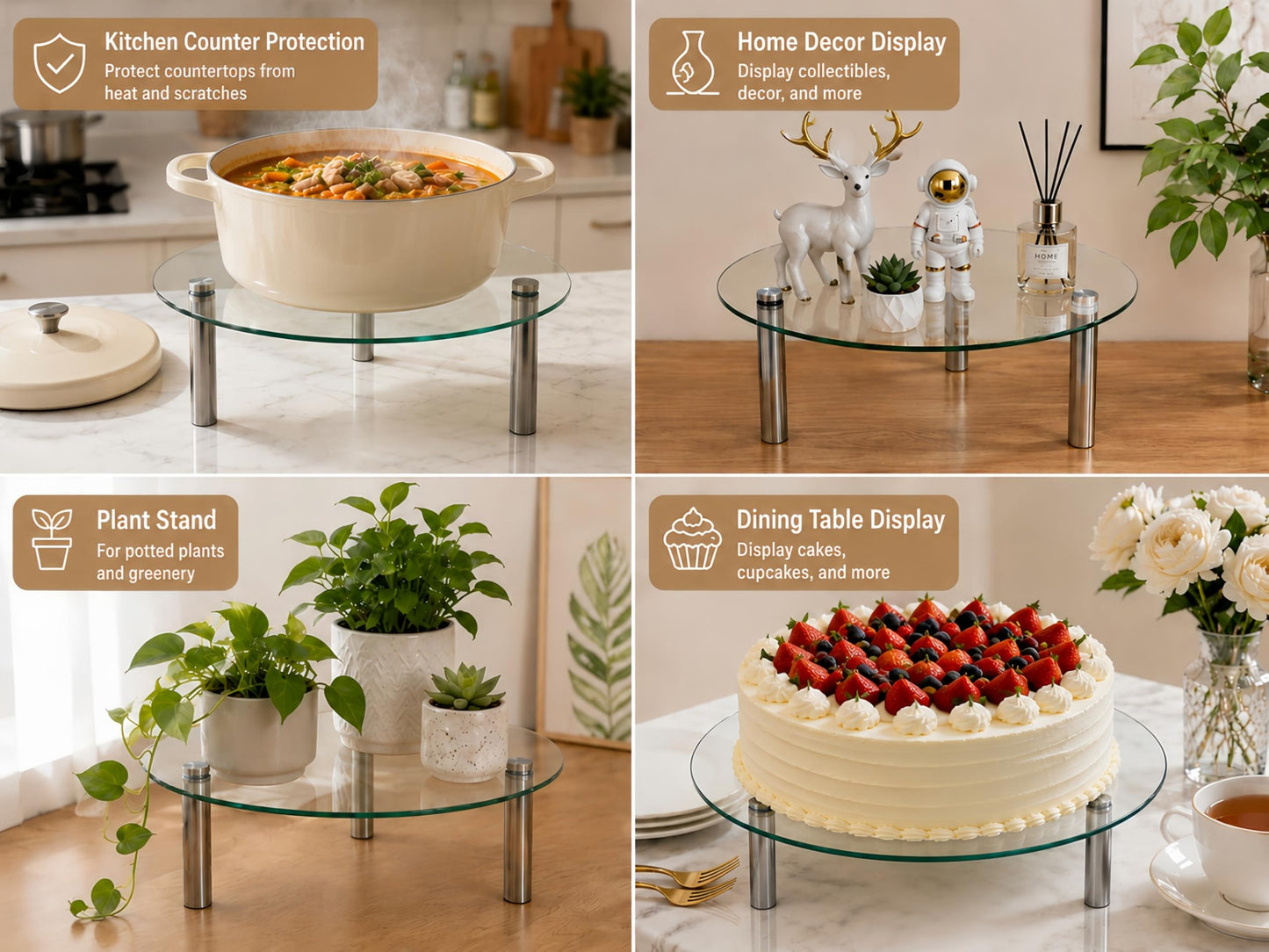 3 Piece Tempered Glass Display Stands Set, 3 Tier Clear Countertop Organizer Risers with Stainless Steel Legs, 9'' 11'' 13'' Round Display Shelves for Kitchen, Bathroom, Vanity and Retail Display