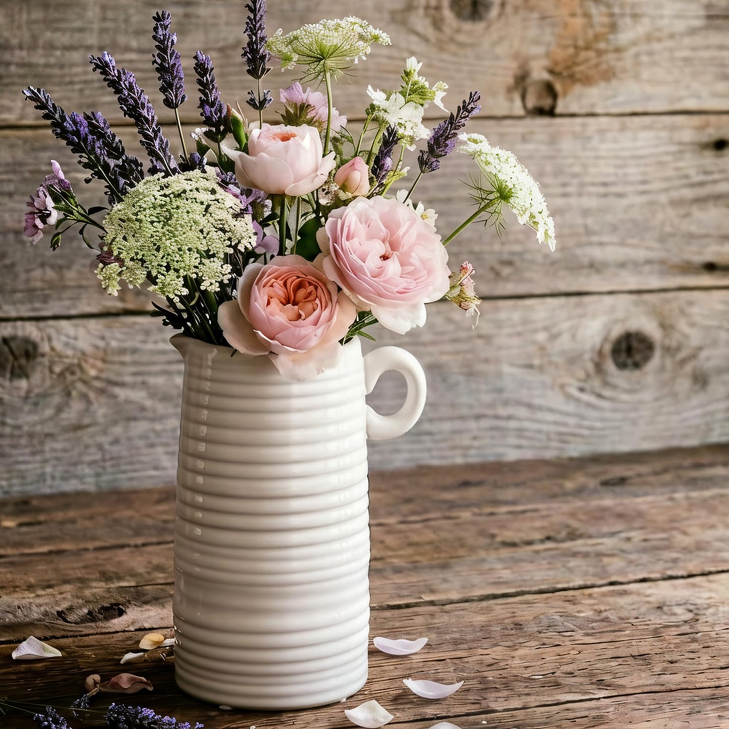 Kimdio White Ceramic Vase with Handle, Modern Farmhouse Pitcher Vases for Home Decor, Rustic Texture Pottery Vase, Decorative Flower Vase, Clay Vase, Centerpieces for for Living Room