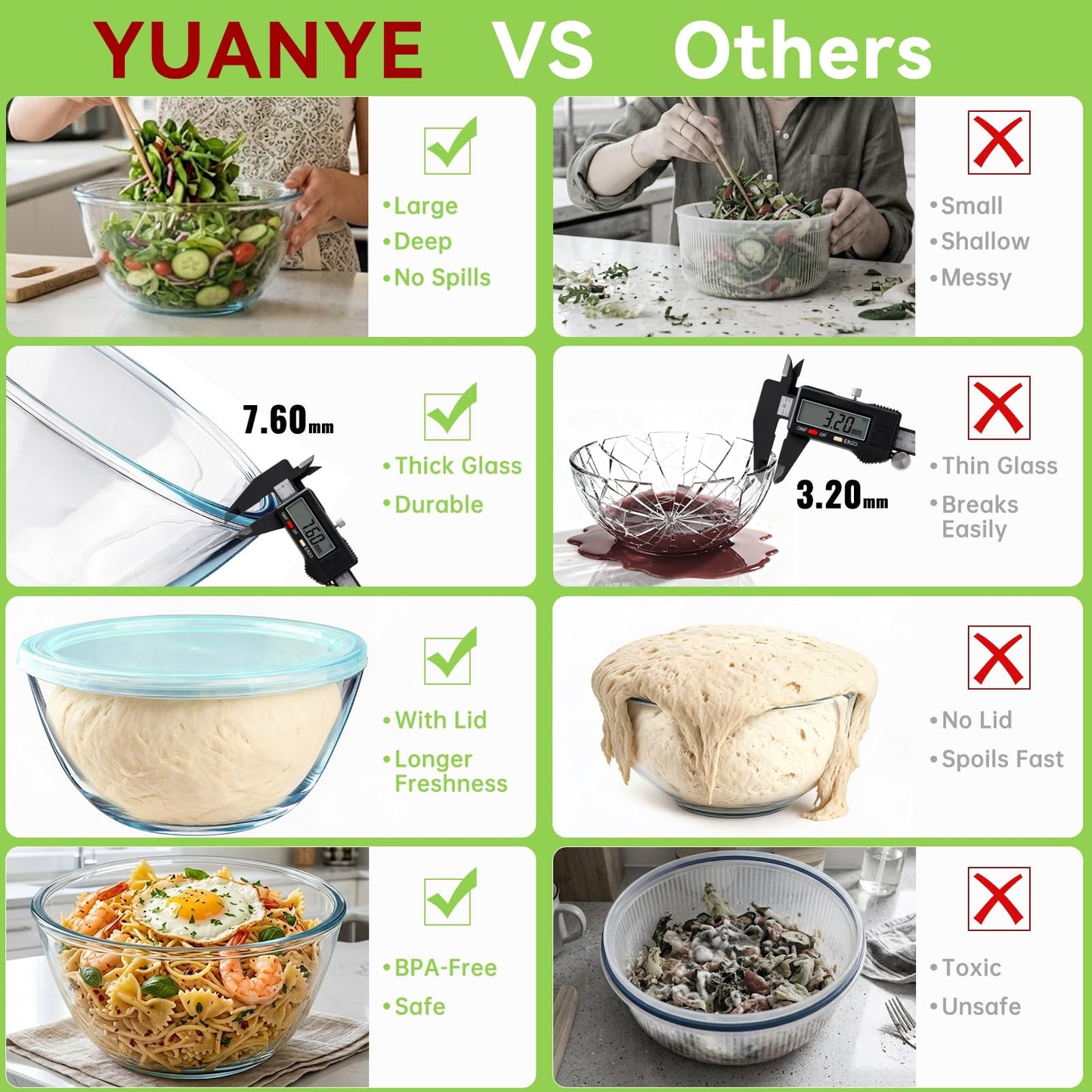 YUANYE 4 Pack Glass Mixing Bowls with Lids Set (3QT/1.7/0.9/0.6QT),Thick Glass Large Salad Bowl Set, Nesting Kitchen Bowls for Serving, Prepping, Cooking and Baking, Dishwasher, Oven,Microwave Safe