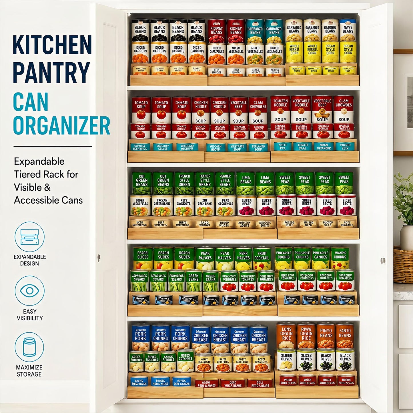 Expandable Can Rack Organizer for Pantry Fits Up to 24 20-oz Canned Food