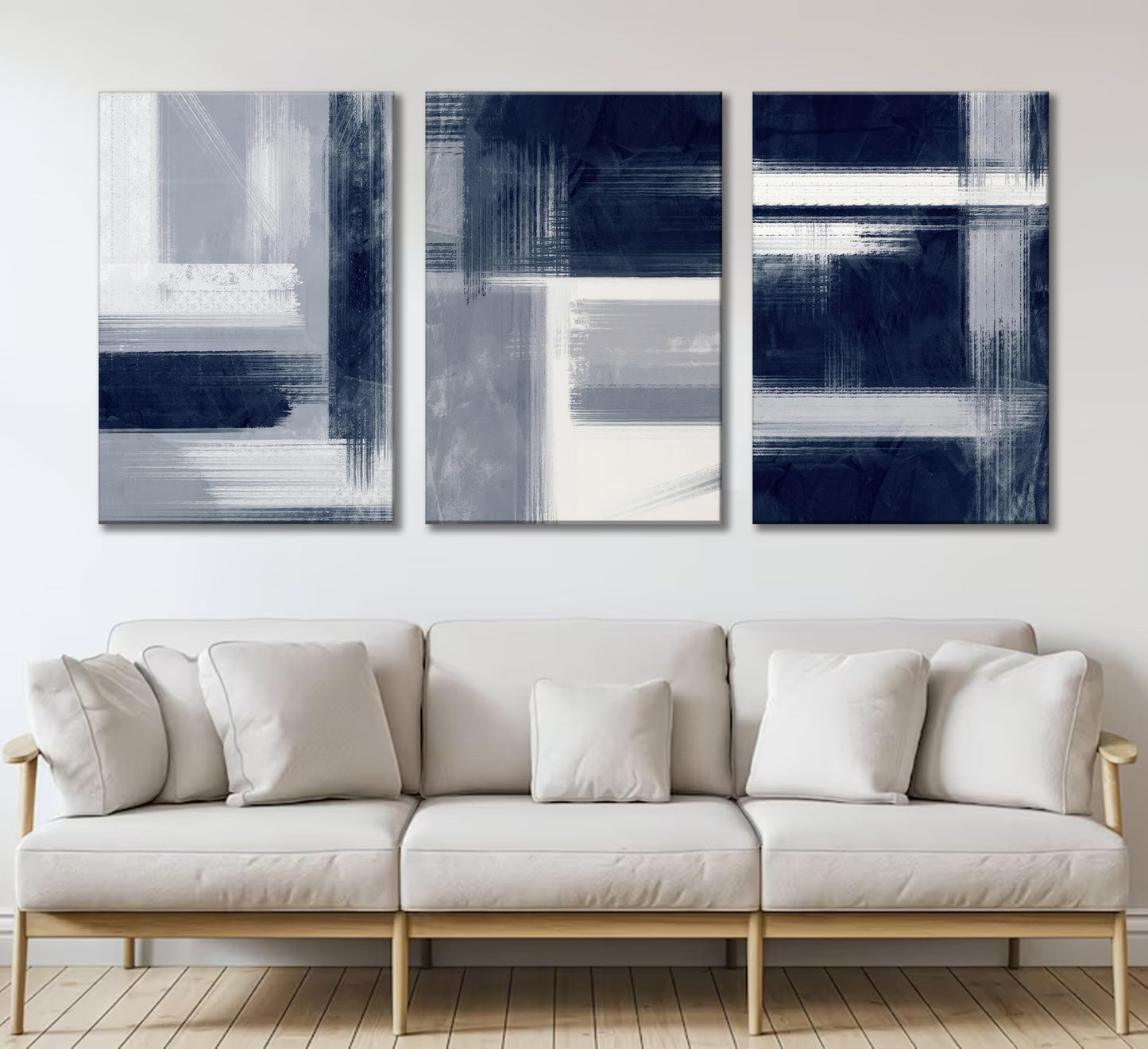 Wavkkey 3Pcs Navy Blue Abstract Canvas Wall Art Blue Grey Neutral Modern Geometric Abstract Painting Poster Wall Decor Print Artwork for Living Room Bedroom Office Home Decoration