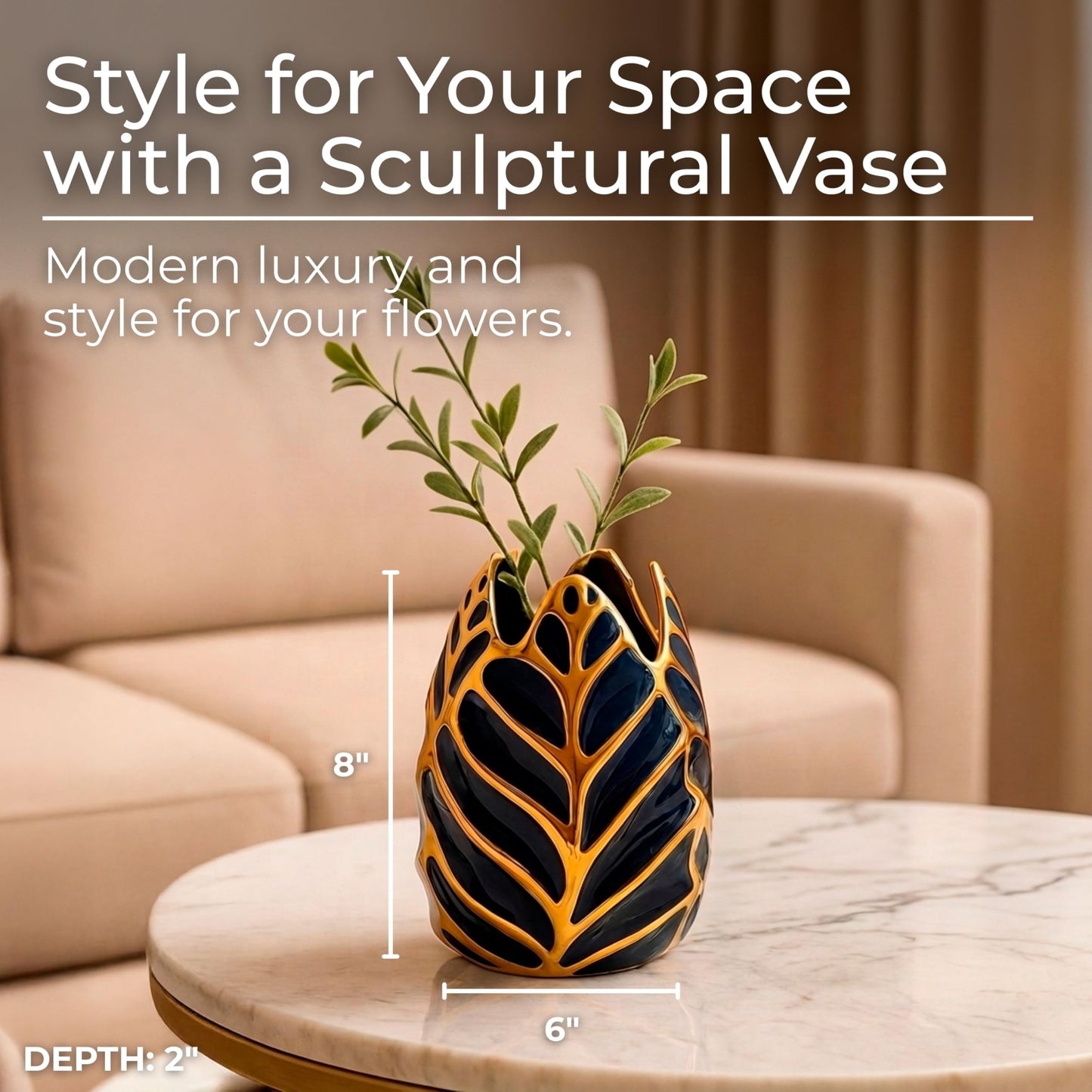 Sculpted Leaf Ceramic Vase – Modern Flower Vase for Fresh or Faux Stems, Tabletop Decor for Living Room or Office – Flower Holder Accent, Home Decor – 8", Dark Navy Blue & Gold Finish