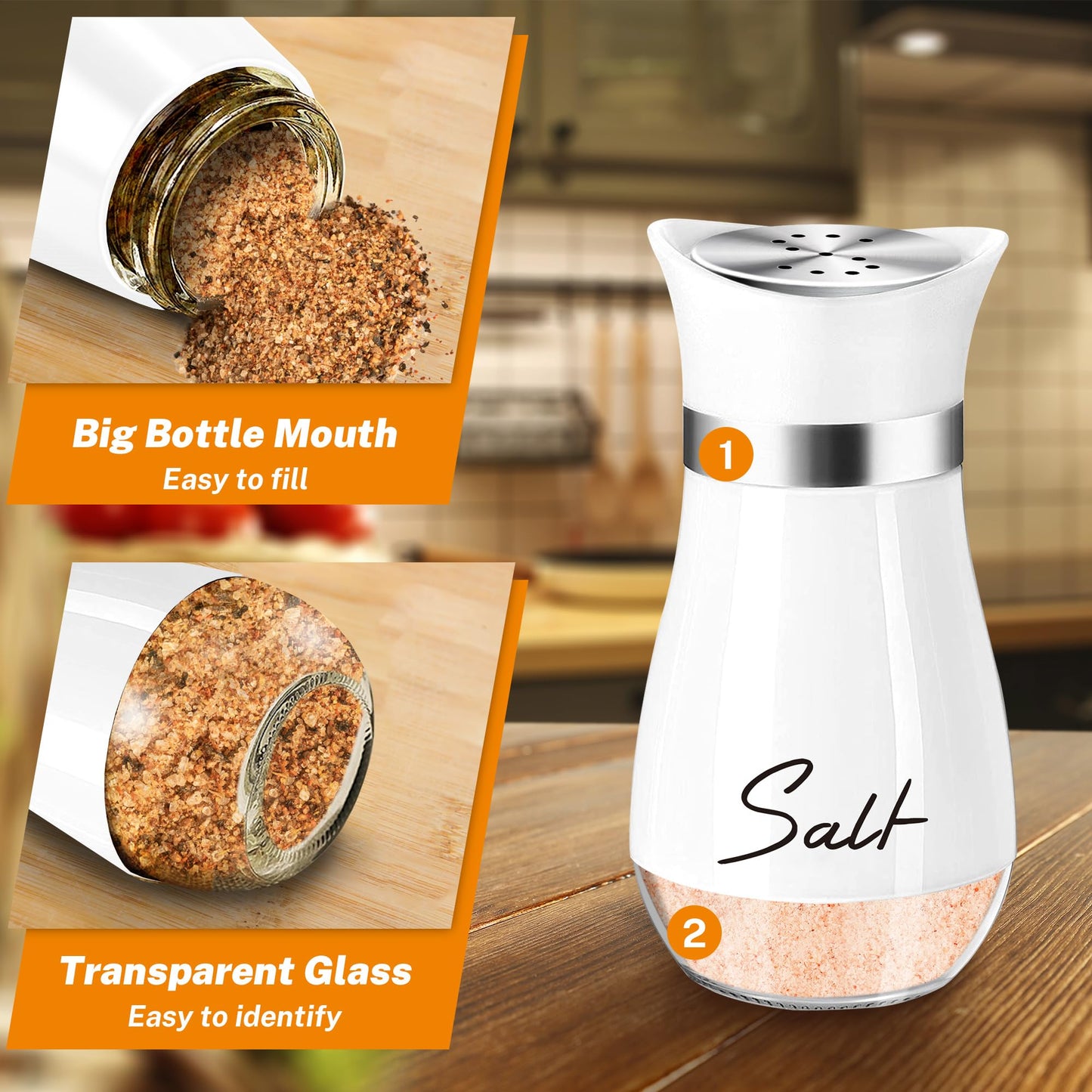 Salt and Pepper Shakers Set with Holder,4 oz Bottom Salt Shaker with Stainless Steel Lid for Kitchen Gadgets Cooking Table Housewarming Gift Christmas Decor Refillable Design (Black + White)