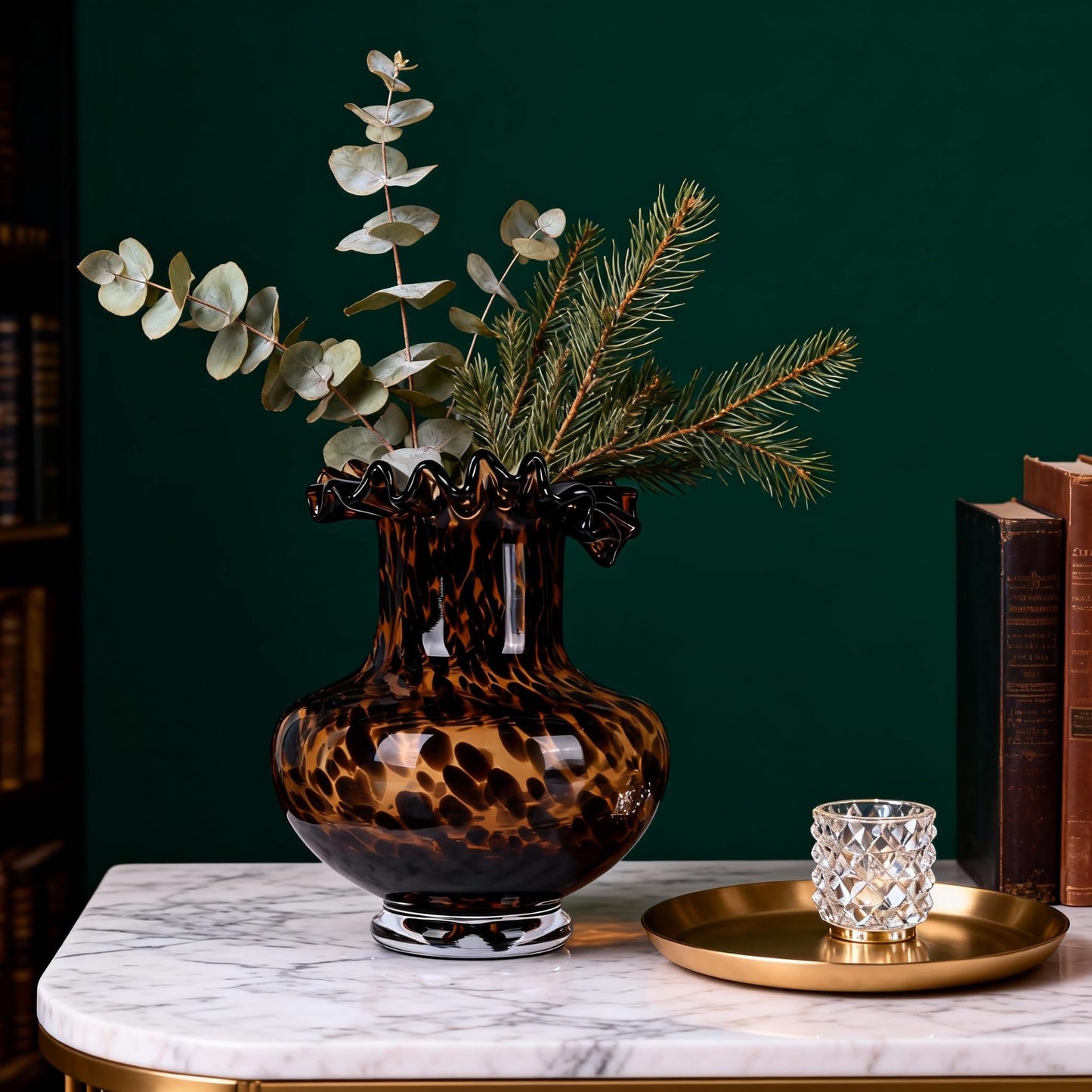 Amber Glass Vase – Tortoise Shell Design, Elegant Home Décor, Unique Centerpiece for Living Room, Office, Wedding Gifts, Art Glass Vase, Round Decorative Vase, Tortoise Shell Home Décor (S)