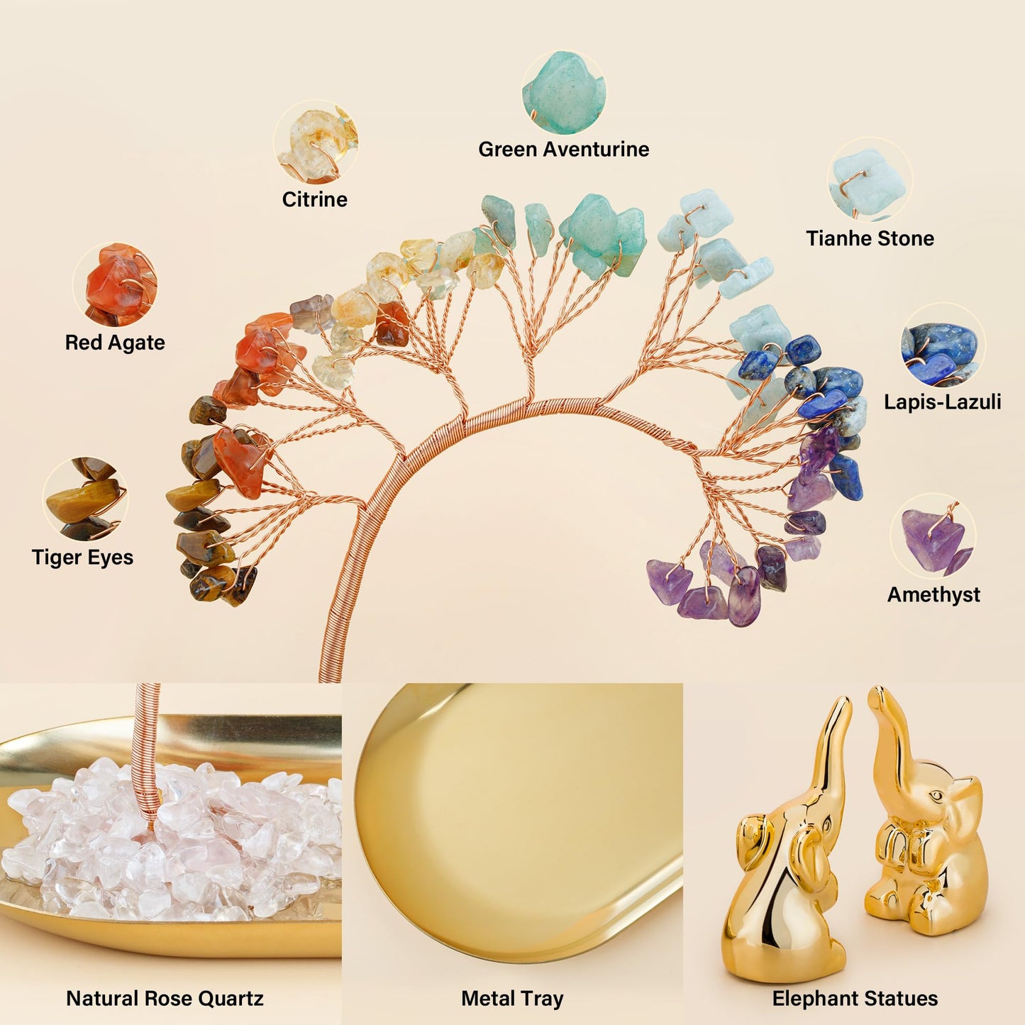 ZenBless 7 Chakra Healing Crystal Tree Ceramic A Pair Elephant Decor Elephant Gifts for Women, Elephants Statues Home Decor, Yoga Meditation Zen Spiritual Room Home Shelf Decor Feng Shui Good Luck
