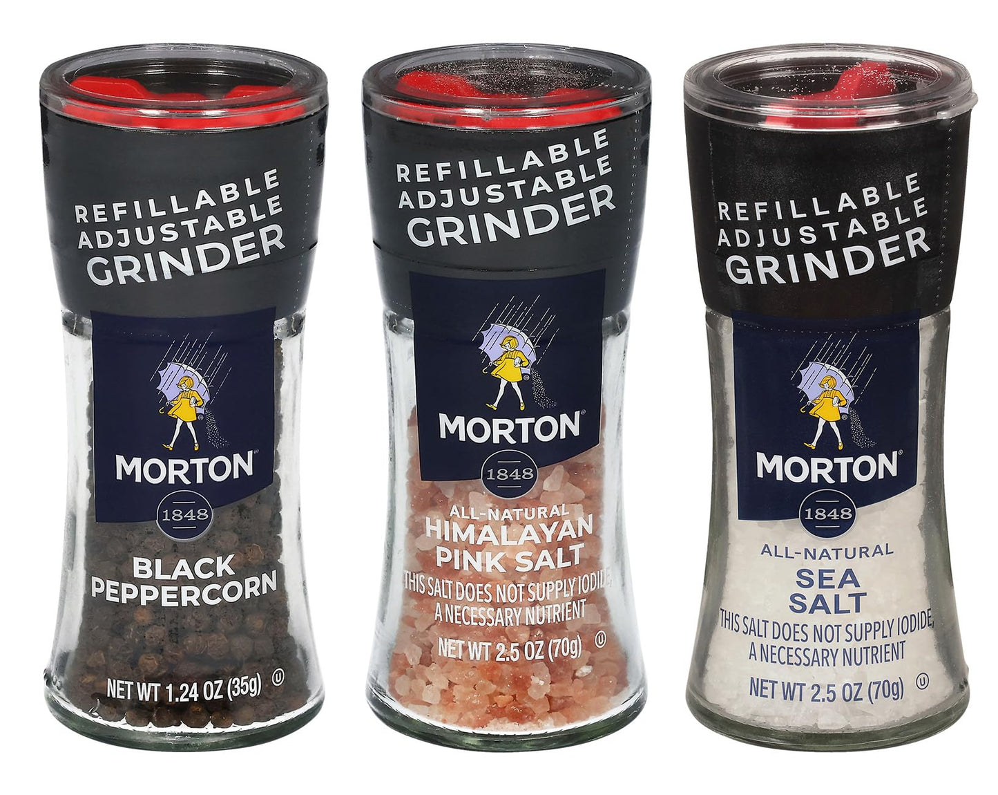 Morton Grinder Set - Himalayan Pink Salt (2.5 oz), Sea Salt (2.5 oz) & Black Peppercorn (1.2 oz), 3-Pack, Adjustable & Refillable Grinders, Perfect for Cooking, Seasoning, and Finishing