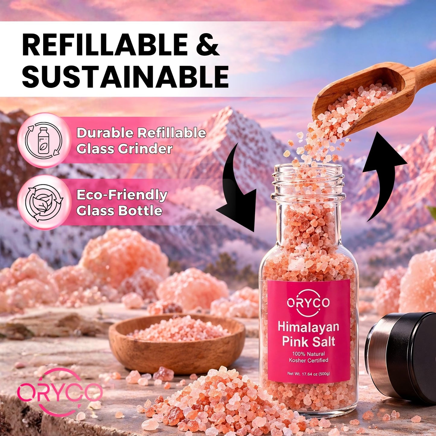 Oryco Himalayan Pink Salt Glass Grinder (17.64 oz) 500g – Refillable Coarse Pink Salt with Grinder, 100% Natural, Kosher, Non-GMO, Fresh Ground Salt for Cooking, BBQ & Kitchen Use
