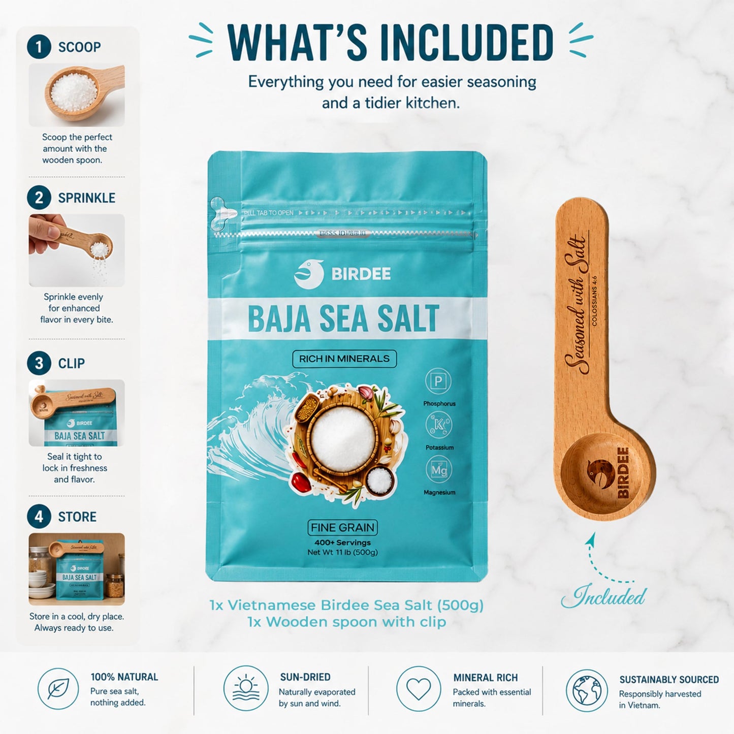 Birdee Culinary Gift Set, Solar-Dried Mineral Rich Fine Grain Sea Salt from Vietnam, 17.6 oz (500g) Pouch with Engraved Hardwood Spoon Bag Sealer Clip, Seasoned with Salt Colossians 4:6
