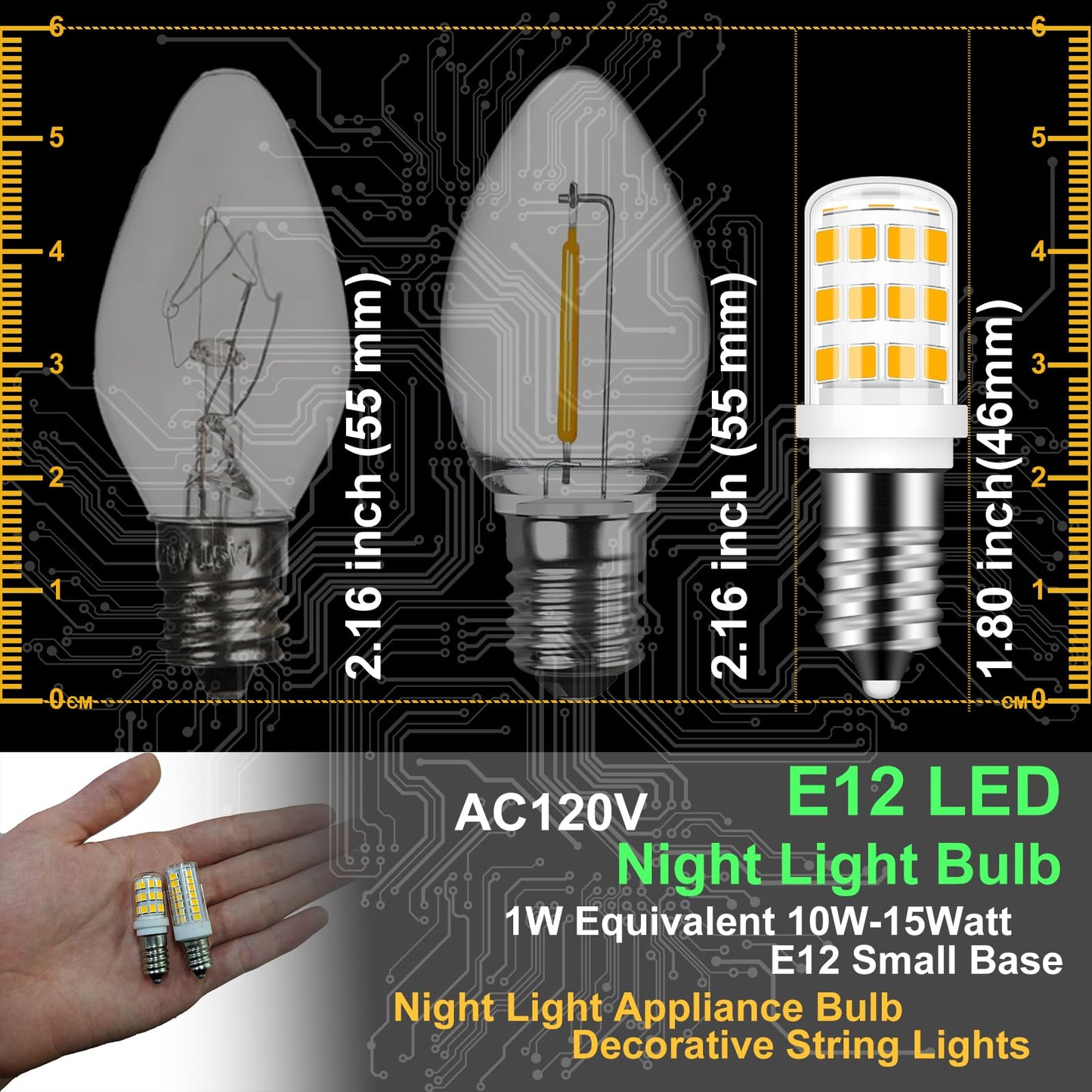Megereet E12 LED Candelabra Base Night Light Bulb 1 Watt Equivalent 10W 15W, AC120V 2700K Warm White C7 E12 Small Bulbs for Salt Lamp Appliance Bulb Decorative String Lights, 4 Pack