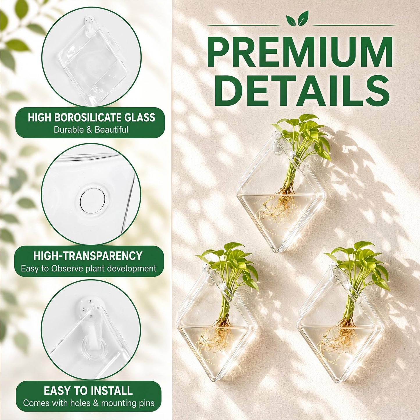 Romooa 6 Set Wall Hanging Glass Terrariums Planter Wall Propagation Planters Diamond Flower Vase for Indoor Hydroponics Plants, Bathroom, Home Office Living Room Decor(Plants Not Included)