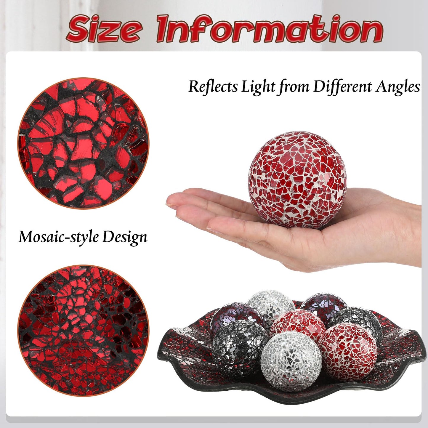 Suclain Centerpiece Bowl and Decorative Balls Set 8 Pcs Table Mosaic Plate with 2.4 Inch Glass Mosaic Orbs Glass Turquoise Tray and Spheres for Centerpiece Table Home Vases Decor (Red and Black)